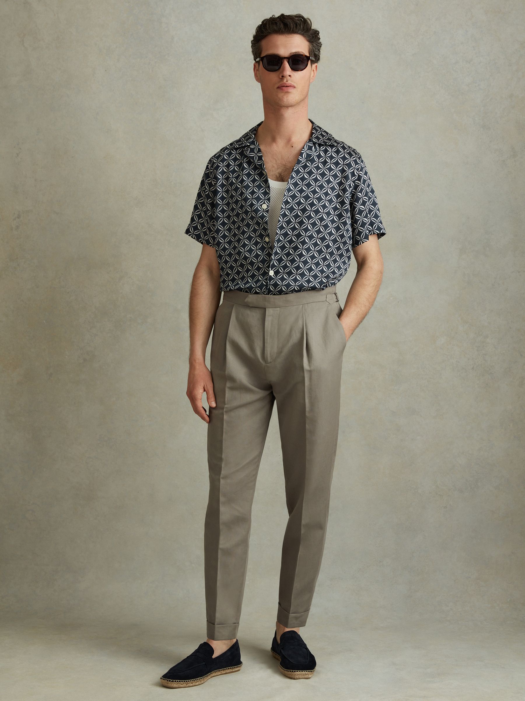 Relaxed Cropped Trousers with Turned-Up Hems in Light Khaki
