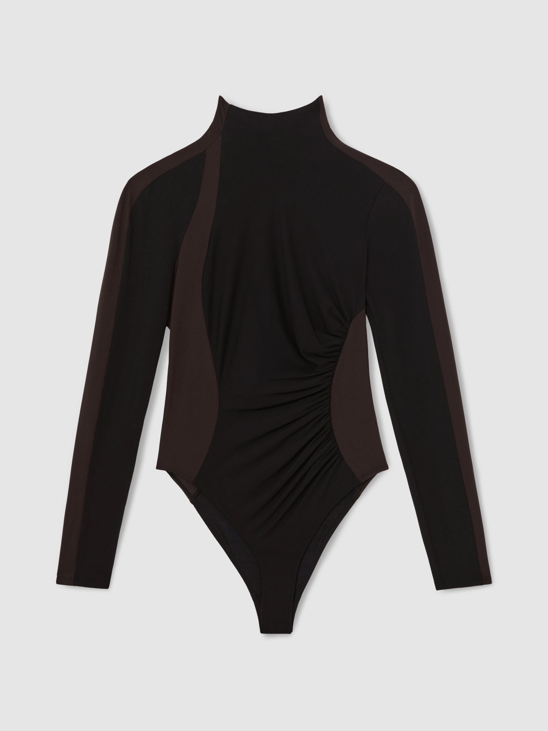 Stretch-Lyocell Panel Ruched Bodysuit in Black/Chocolate Brown