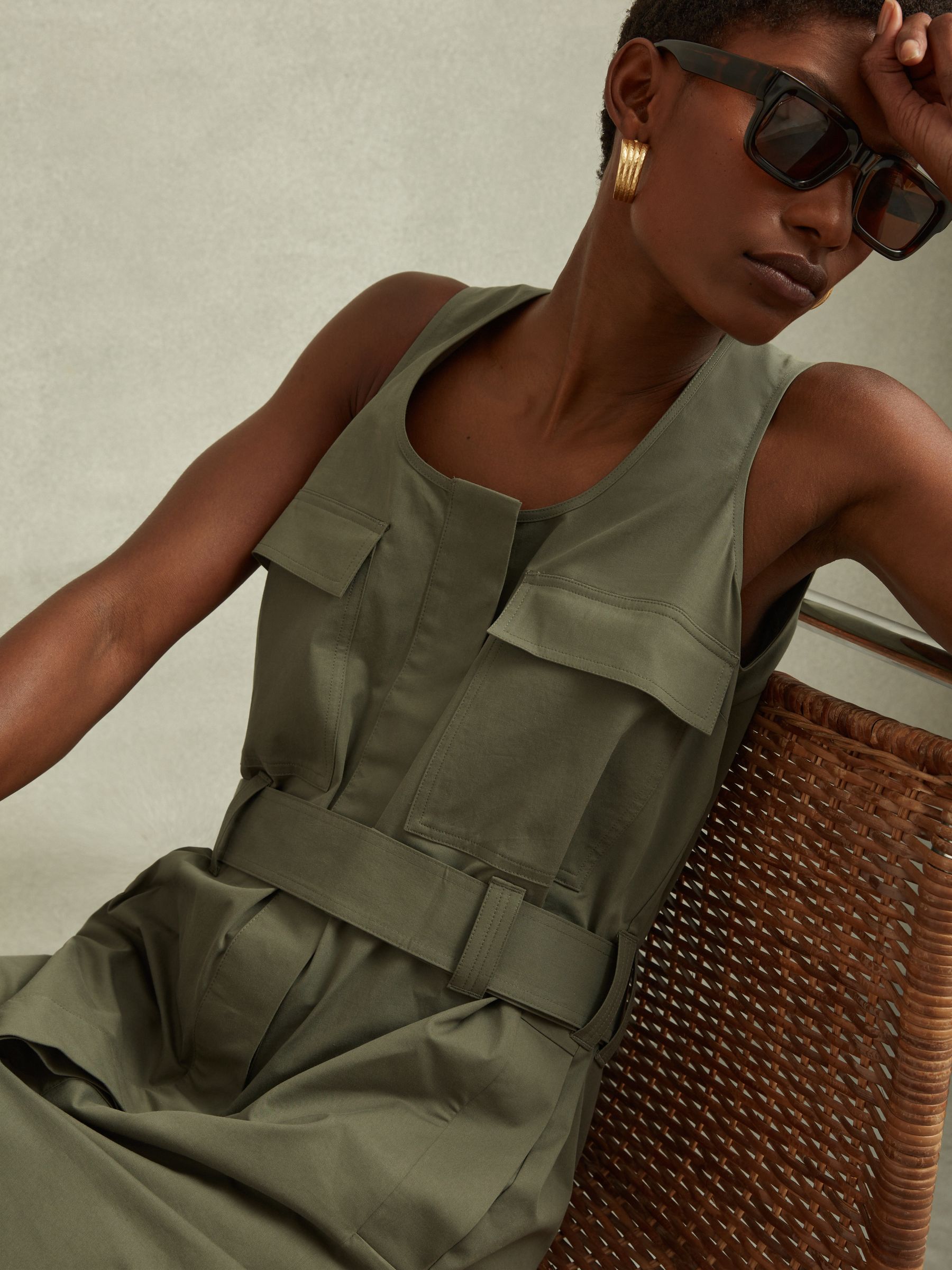 Utility Belted Midi Dress in Sage