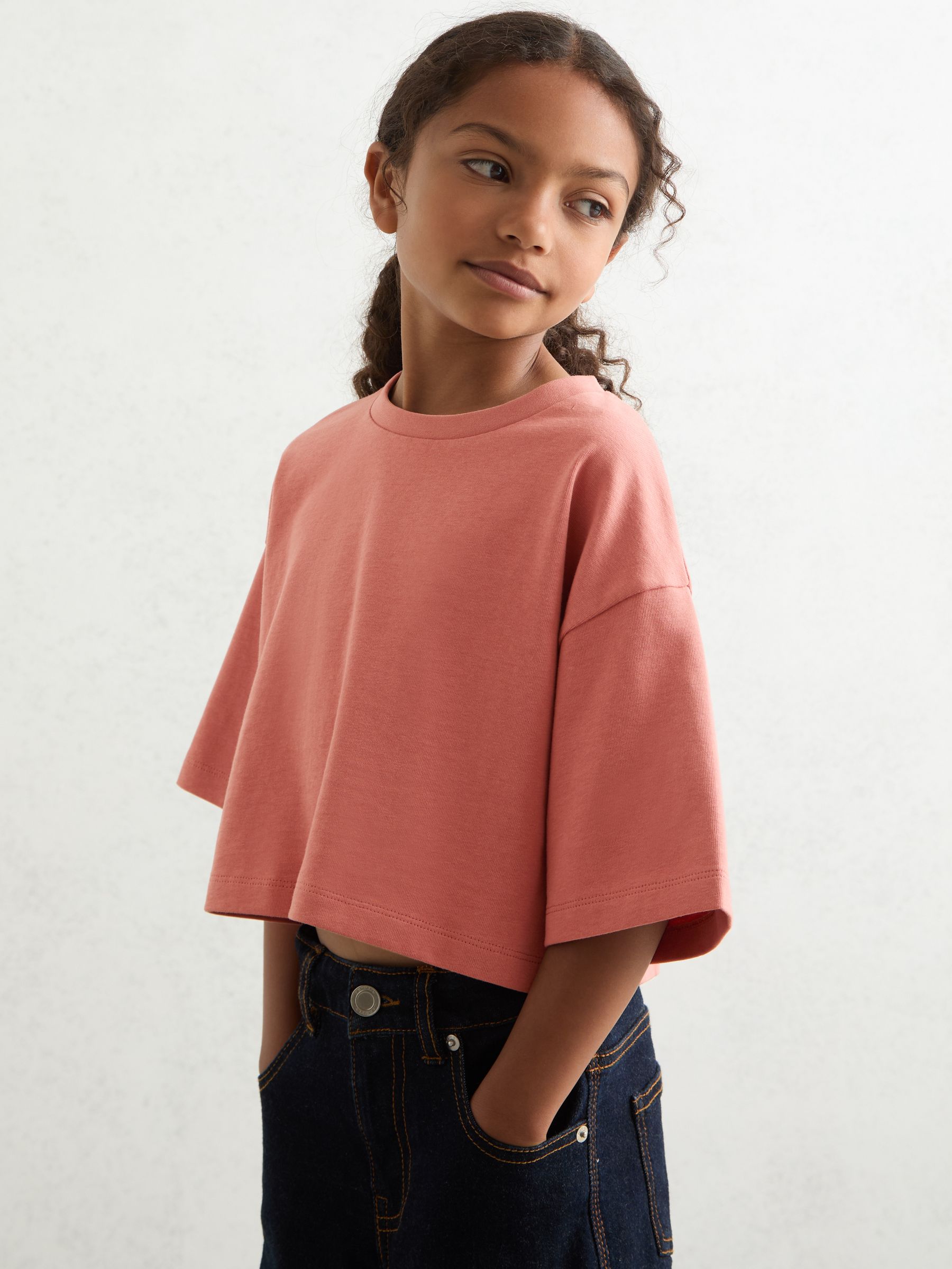3-9 yrs Cotton Oversized Cropped T-Shirt in Rose