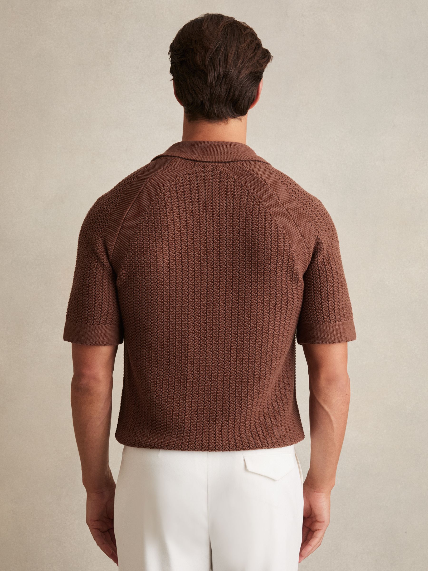Cotton Textured-Knit Cuban-Collar Shirt in Tobacco Brown