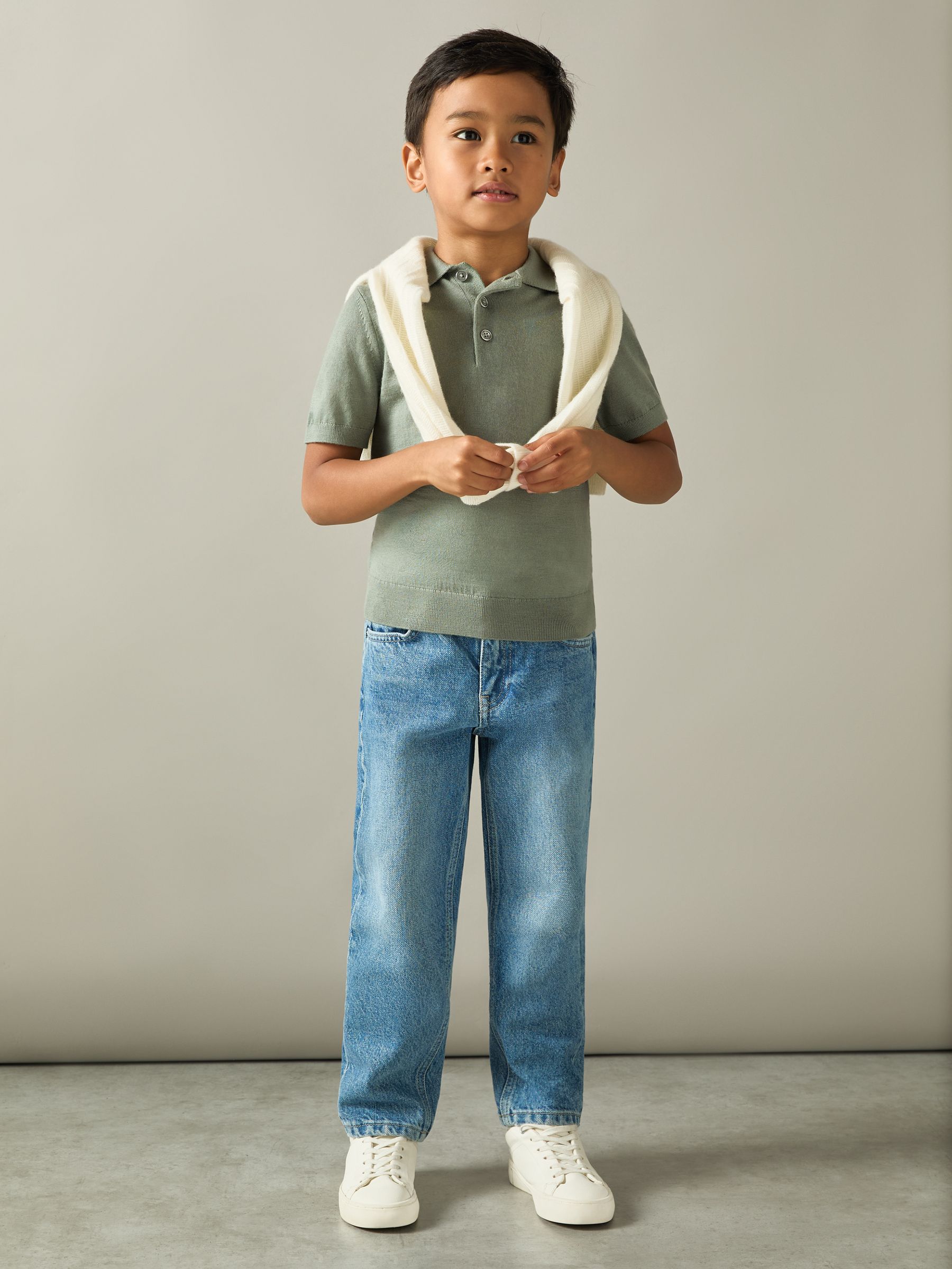 9-13 yrs Merino Polo Shirt in Herb Green