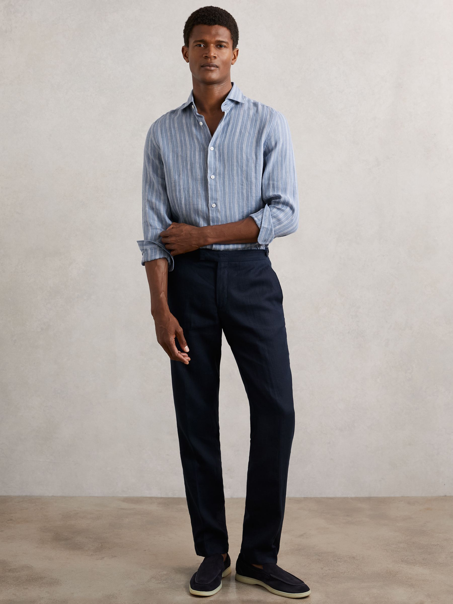 Linen Striped Cutaway-Collar Shirt in Airforce Blue/White