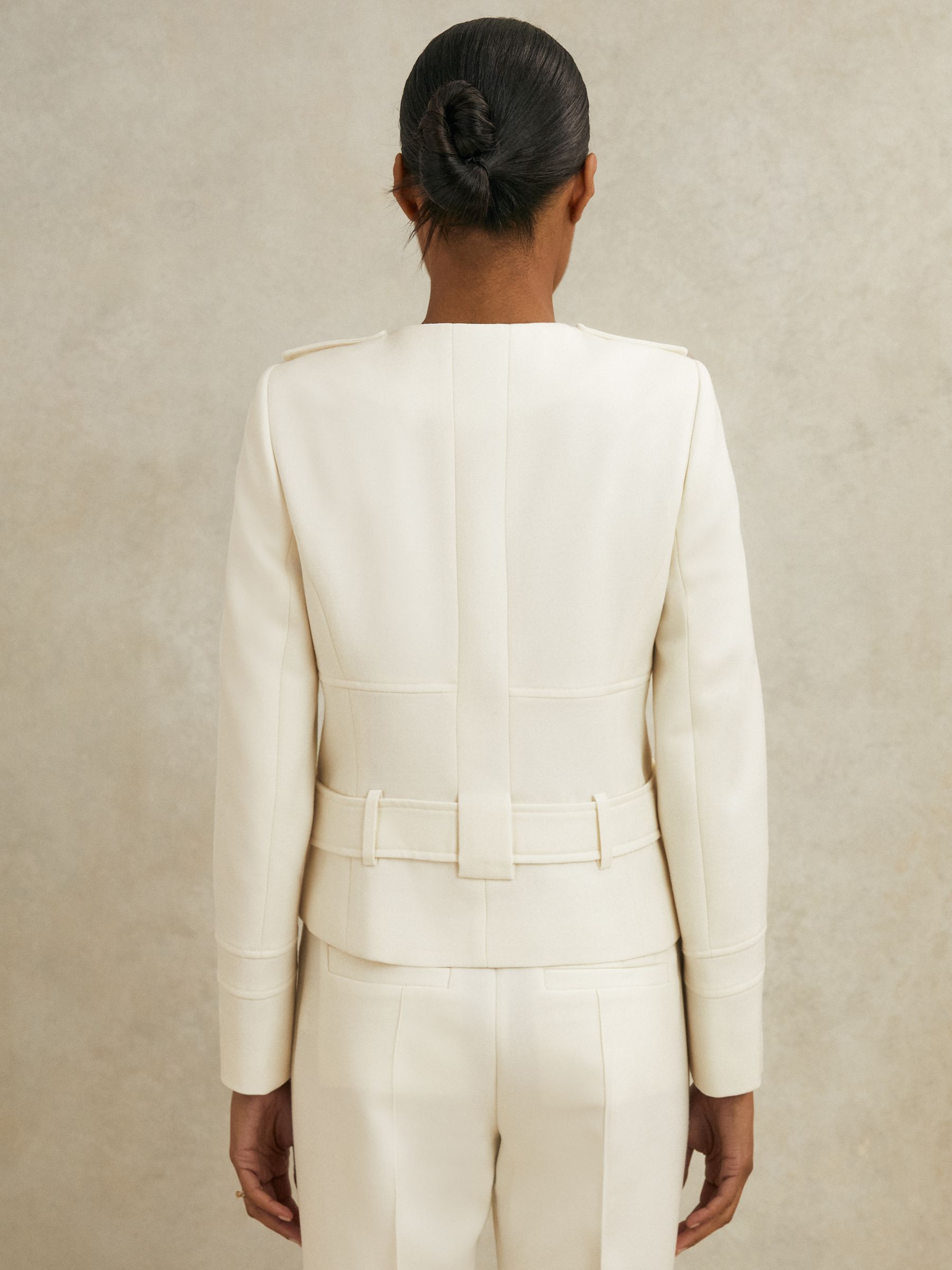 Atelier Wool Collarless Belted Jacket in White