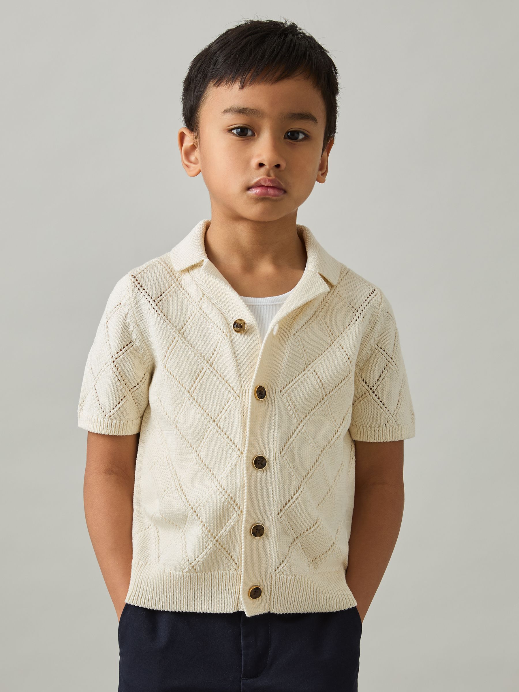 9-13 yrs Cotton Blend Diamond Knit Shirt in Off White