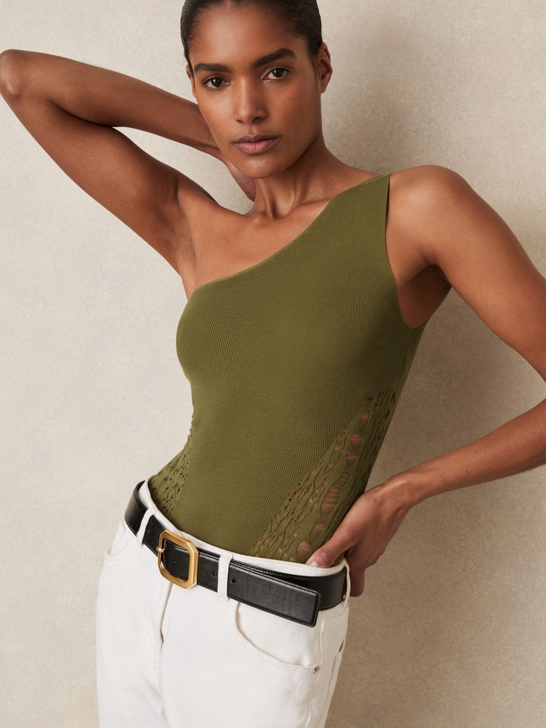 Lace-Knit Detail One-Shoulder Bodysuit in Green