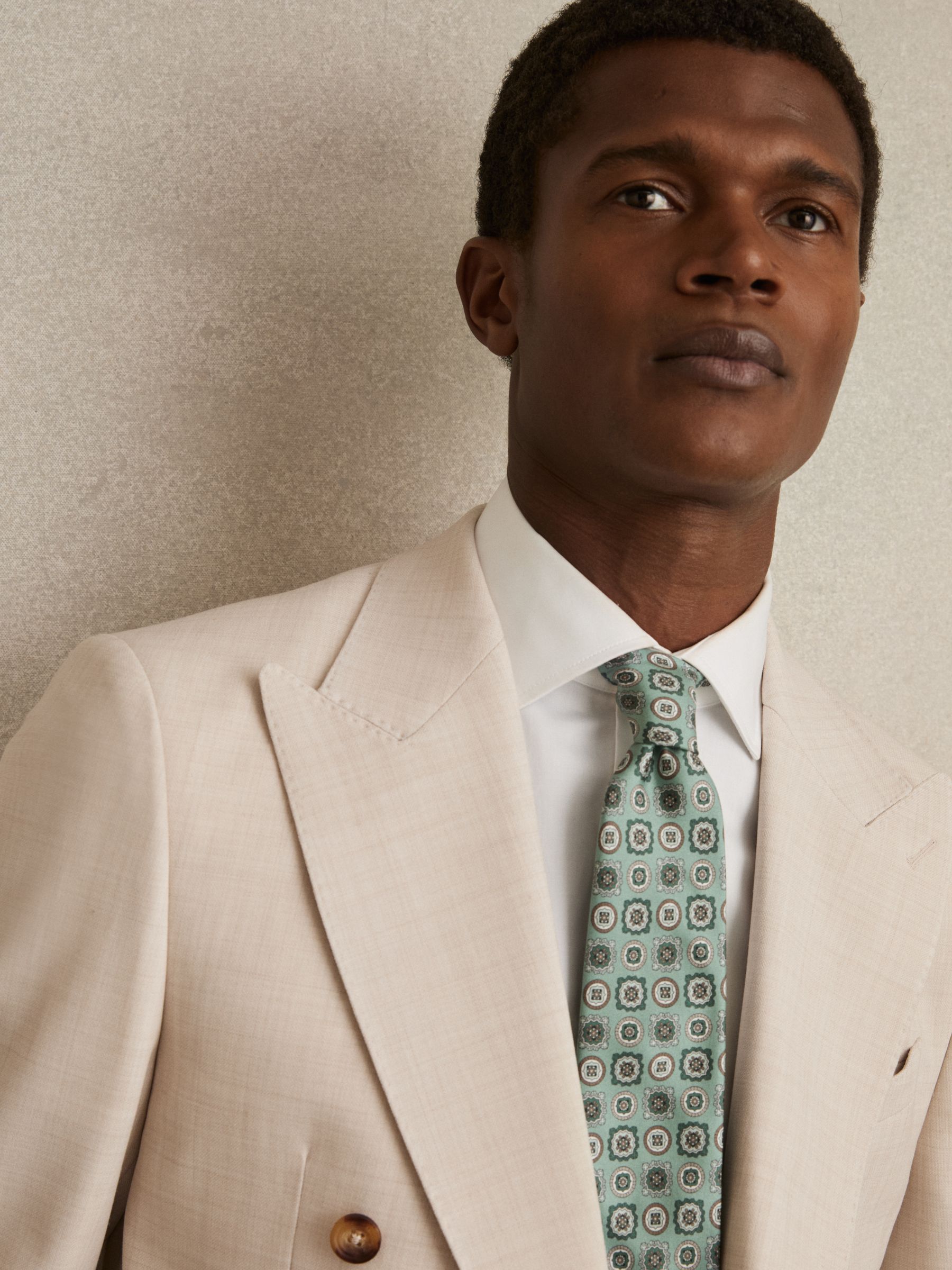 Silk Foulard Medallion Print Tie in Soft Sage