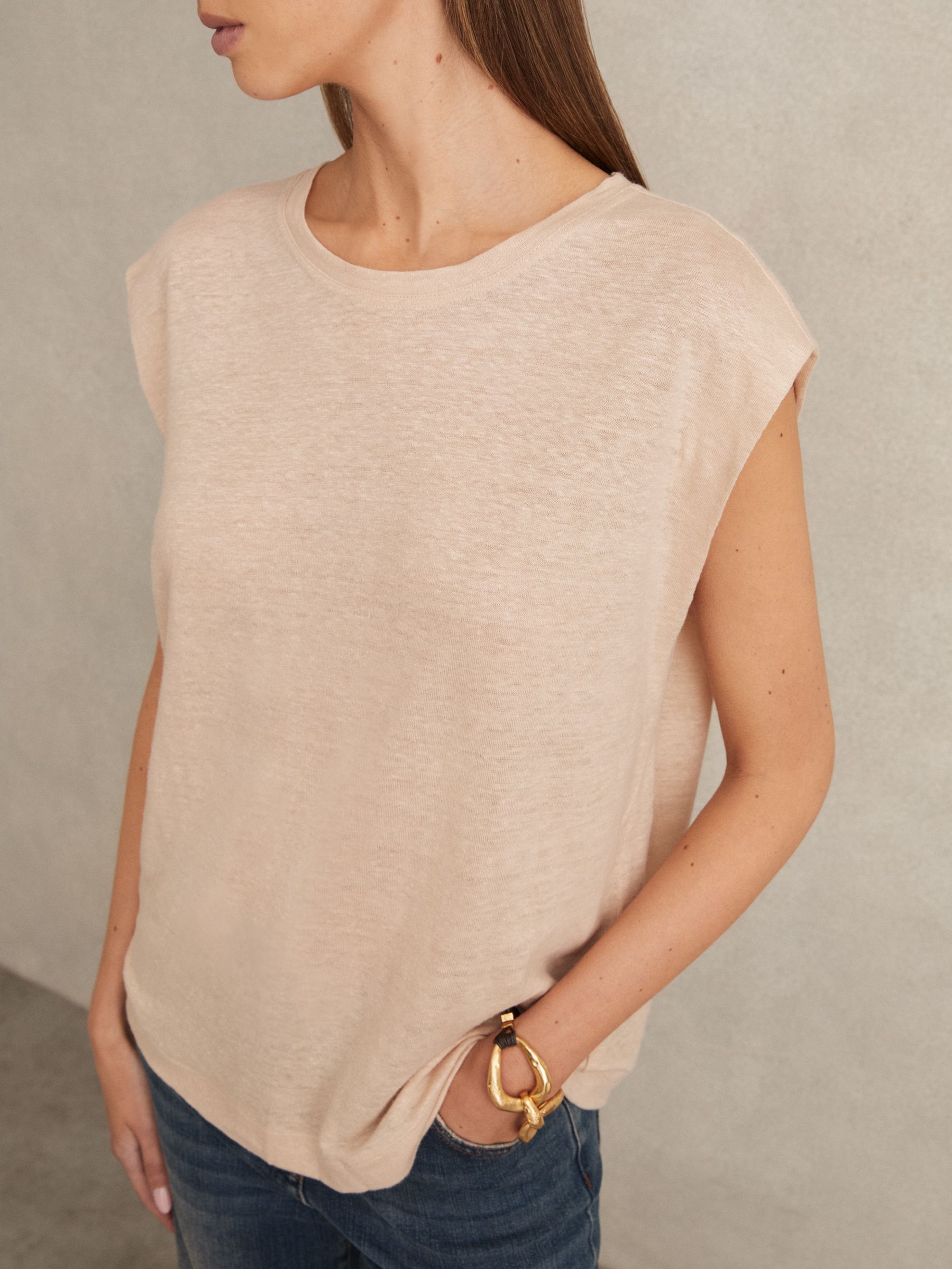Linen Cap-Sleeve T-Shirt in Peach