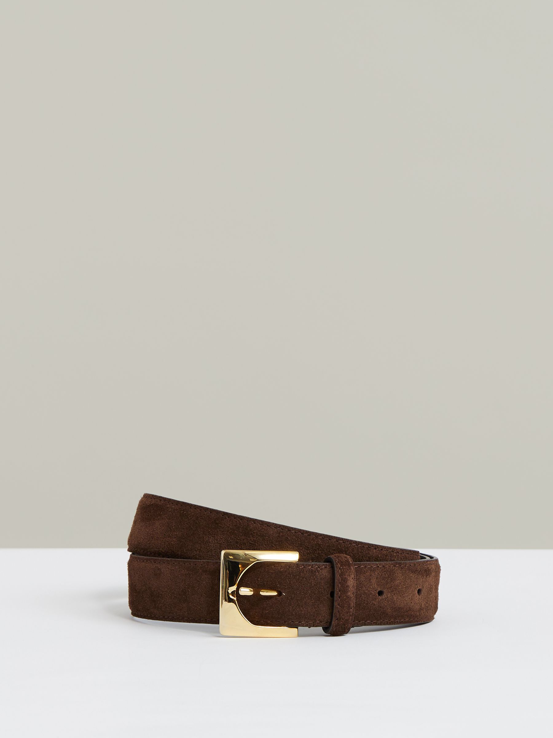 Suede Square-Buckle Belt in Chocolate