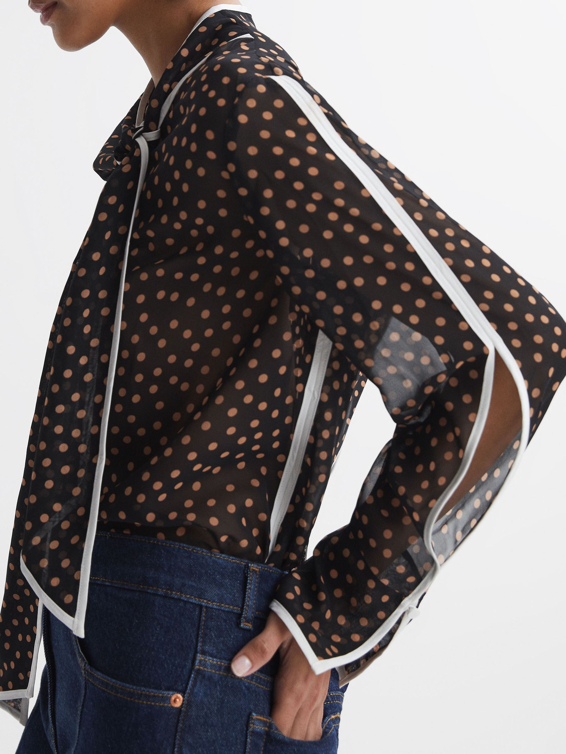 Polka Dot Tie Neck Blouse in Black/Rust