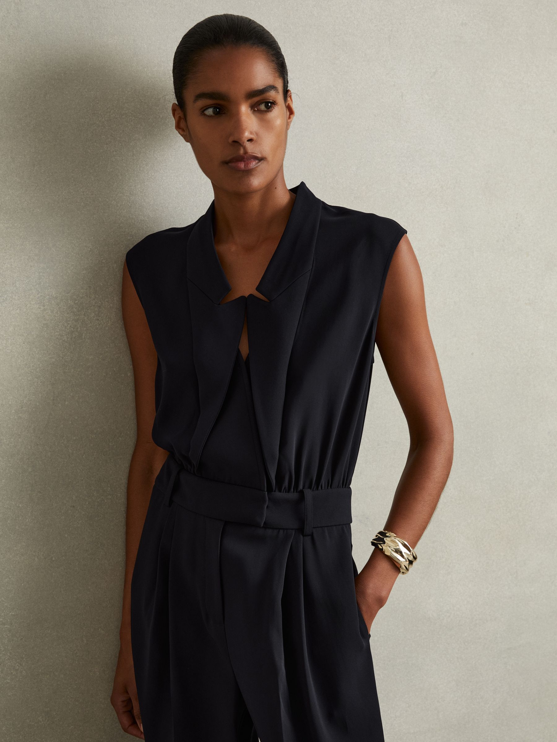 Sara Navy Tux Pleated Jumpsuit