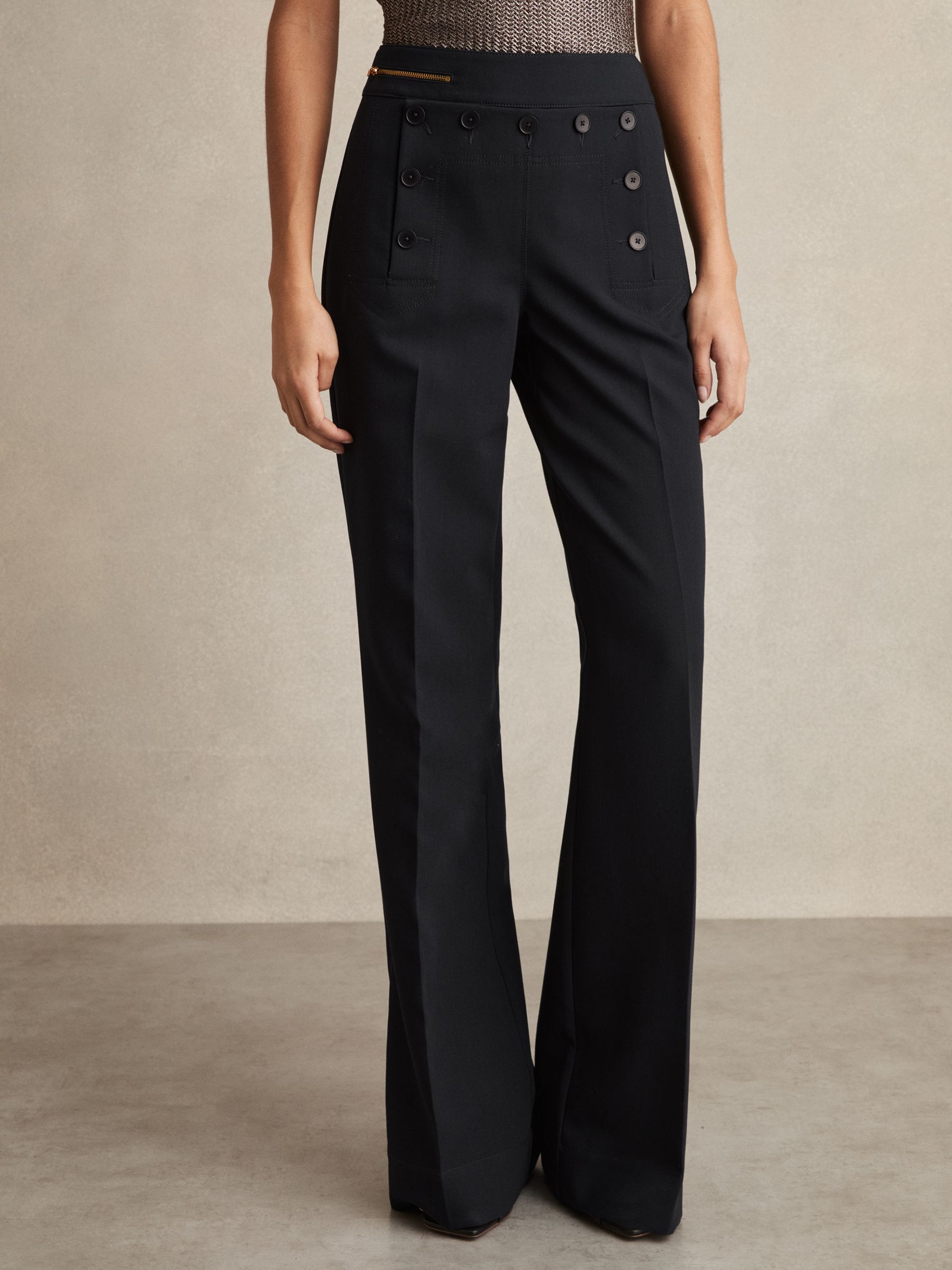 Button-Detail Wide-Leg Trousers in Navy