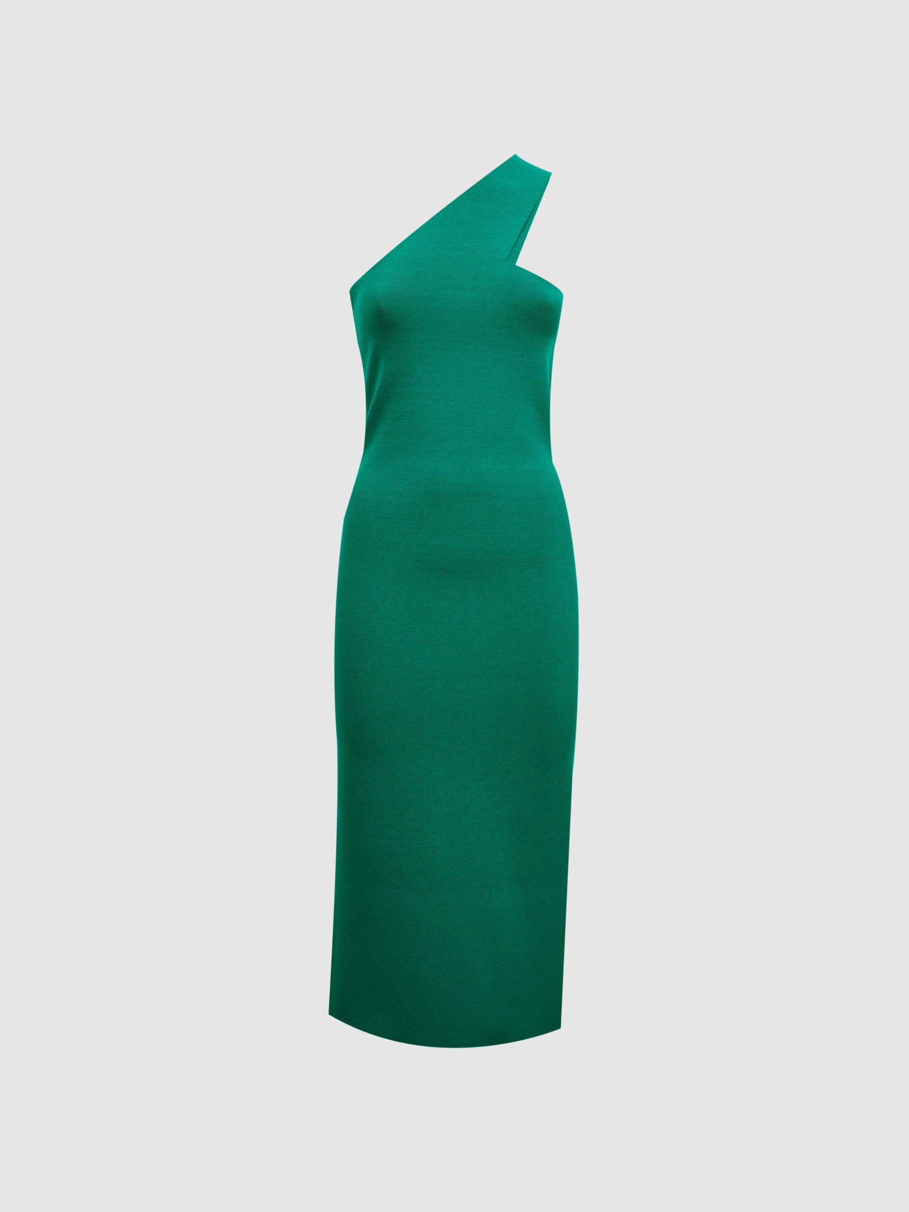 Knitted One Shoulder Bodycon Midi Dress in Green