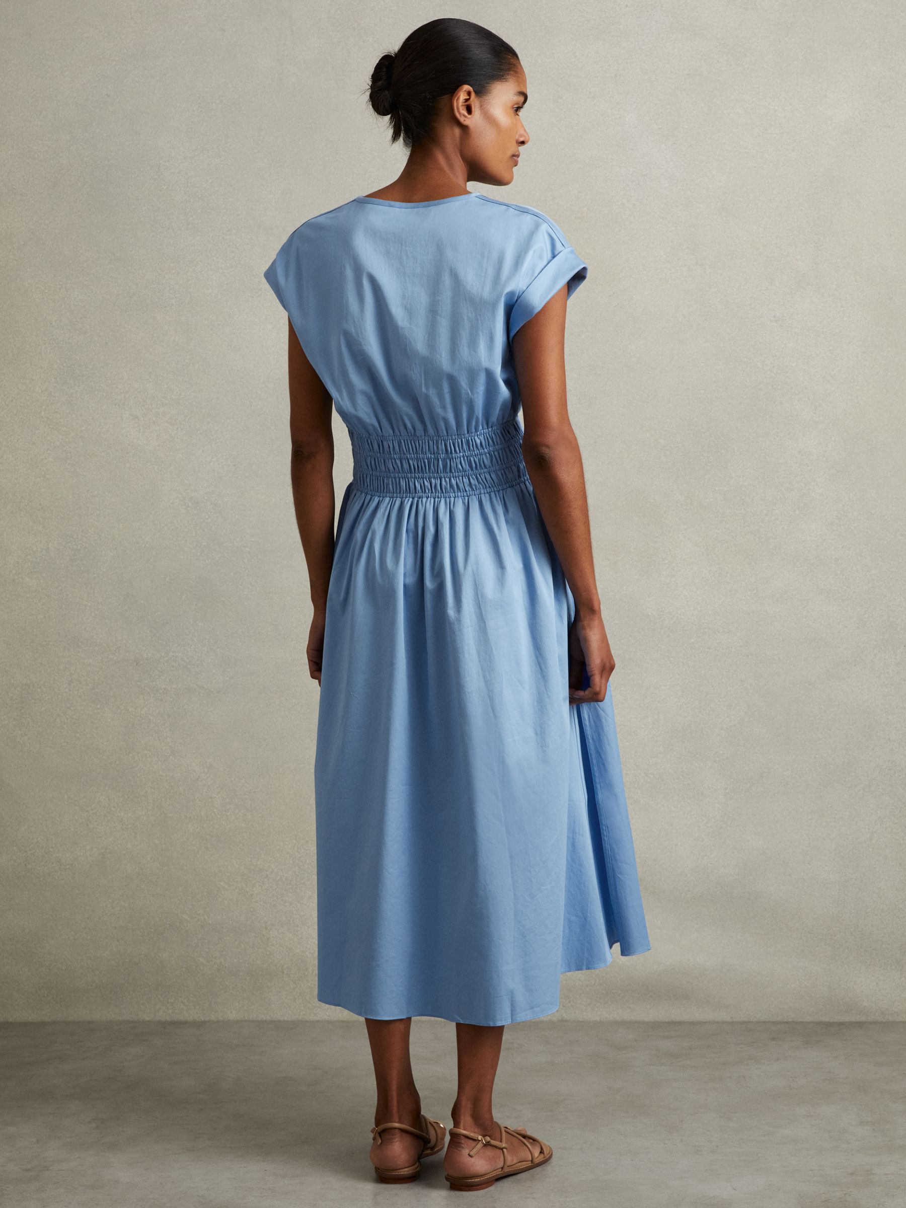 Cotton Ruched Waist Midi Dress in Blue