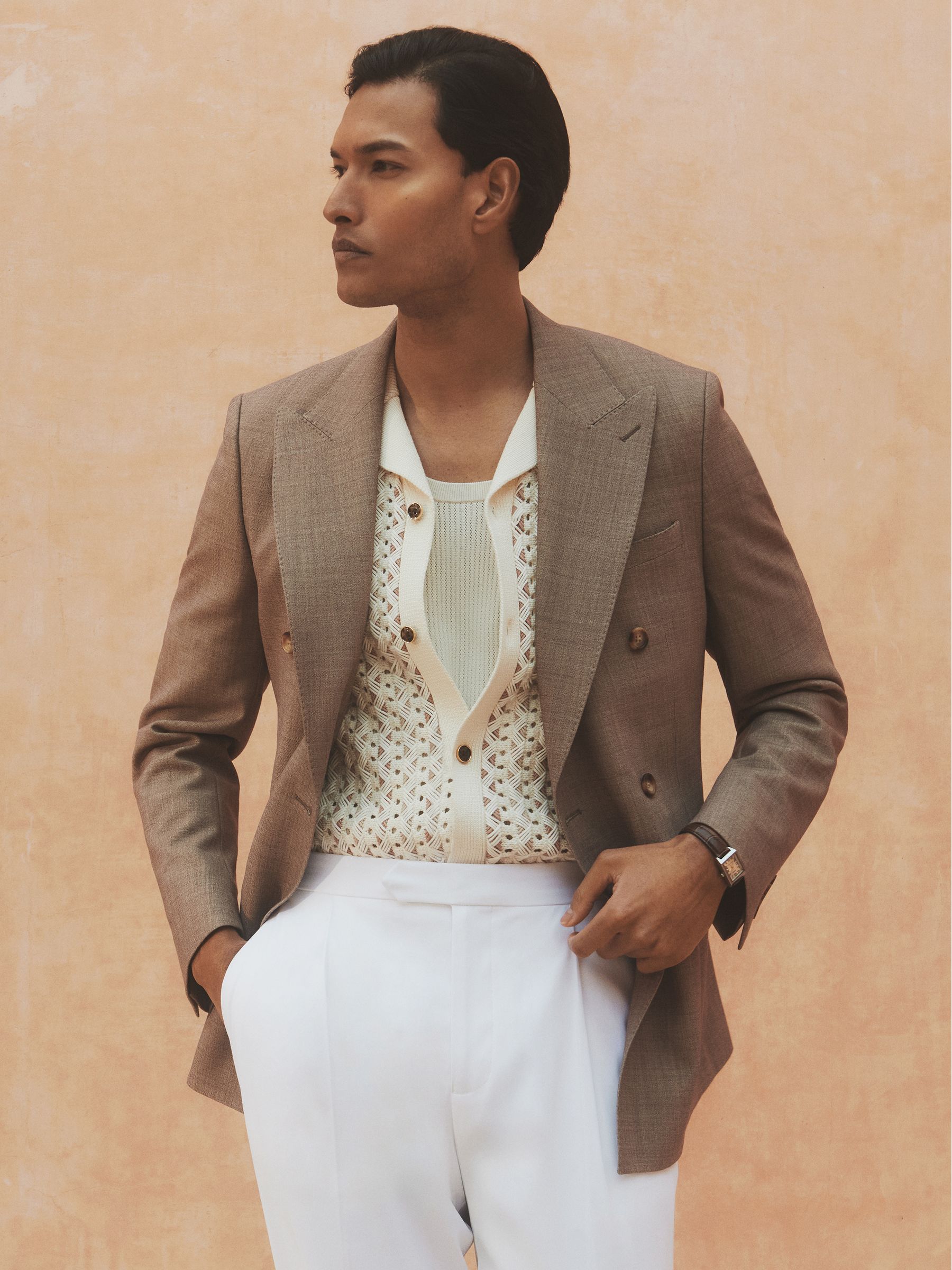 Double-Breasted Textured Suit Blazer With Wool Slim-Fit in Brown