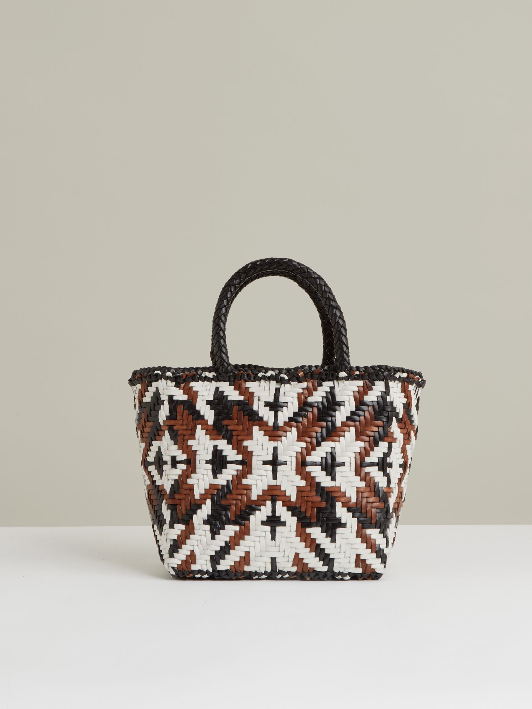 Small Leather Woven Tote Bag in Tan/White/Black