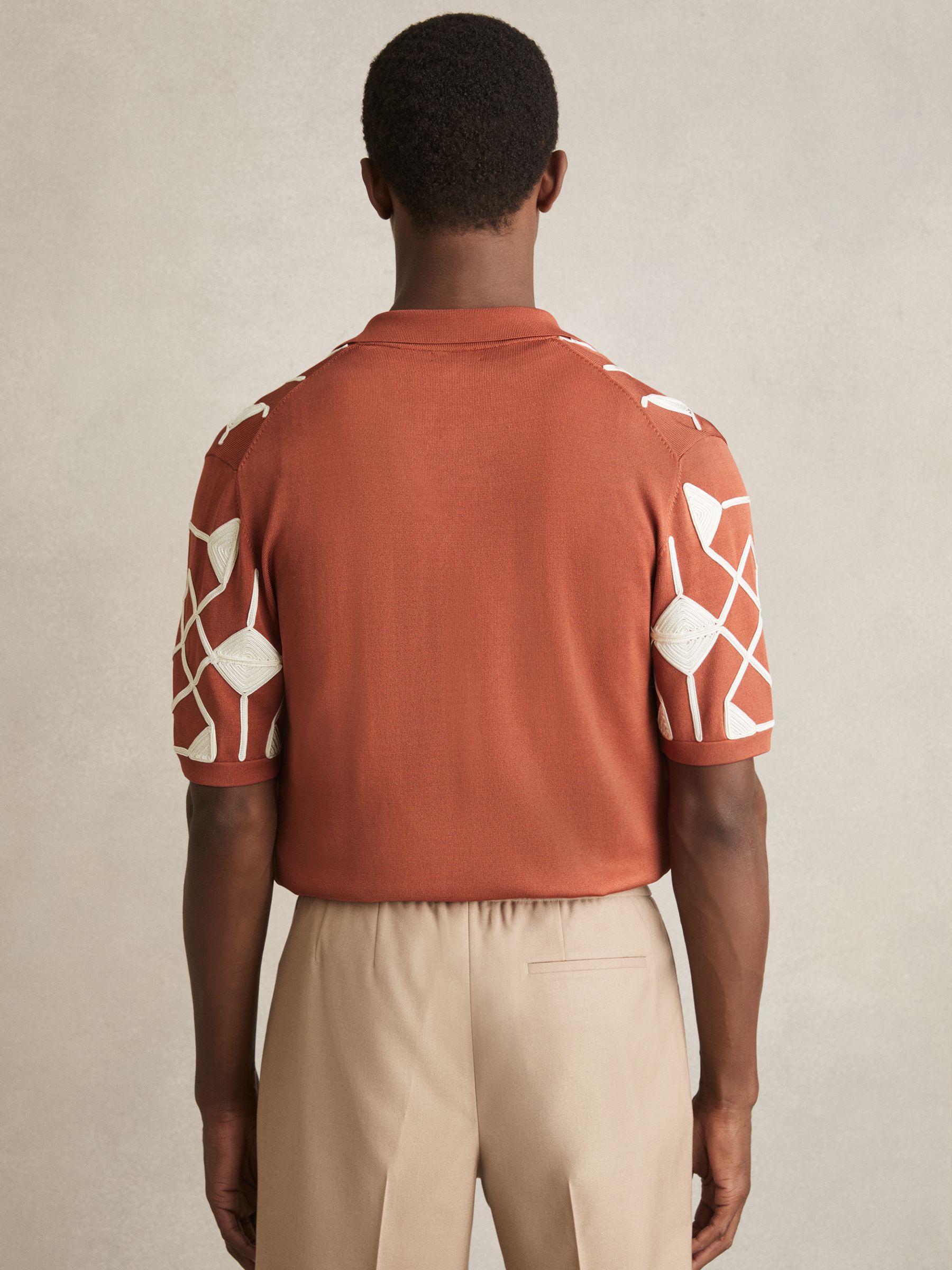 Geometric Embroidery Knit Shirt in Paprika Red