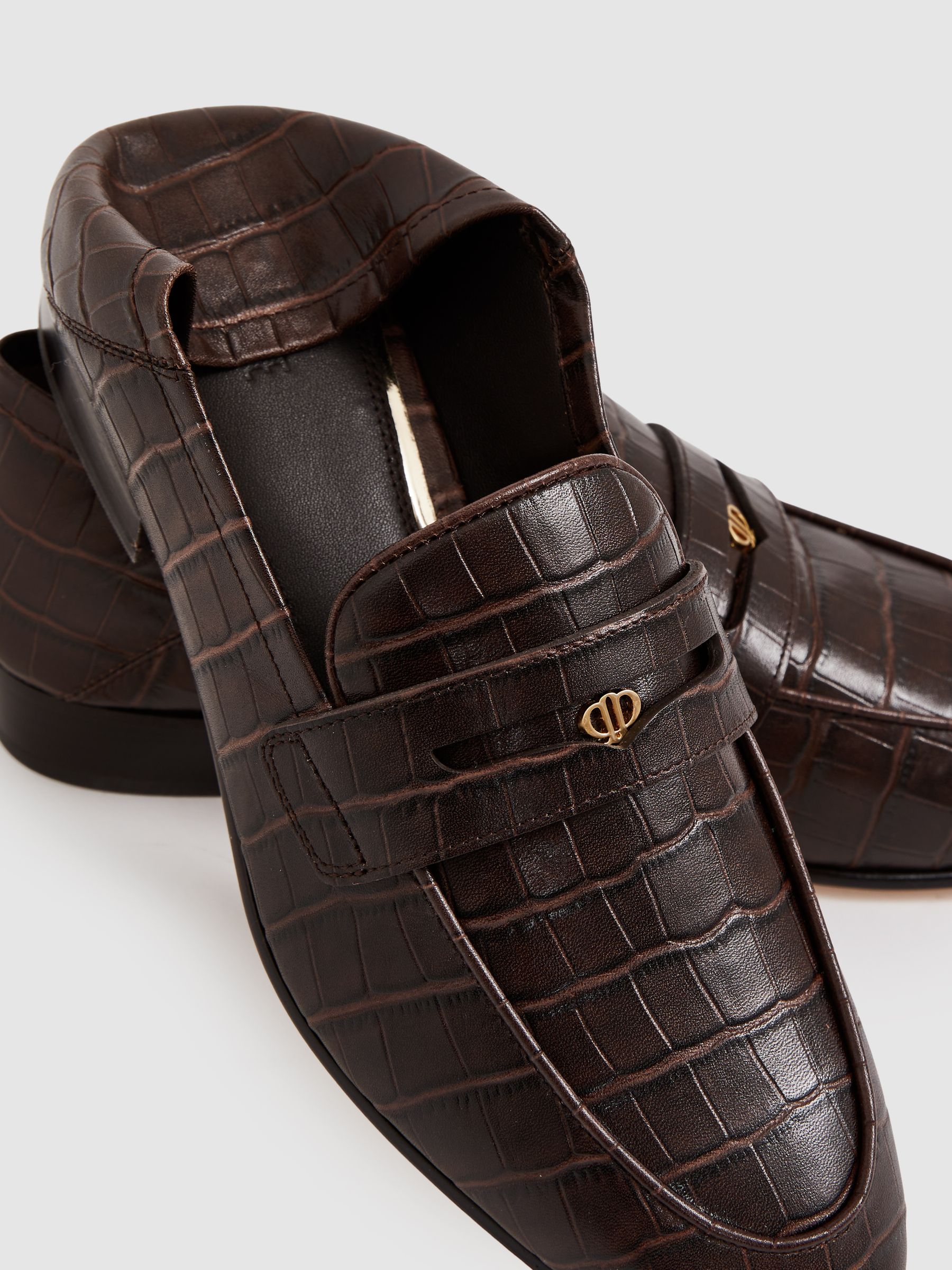 Paige Leather Crocodile-Embossed Penny Loafers in Chocolate