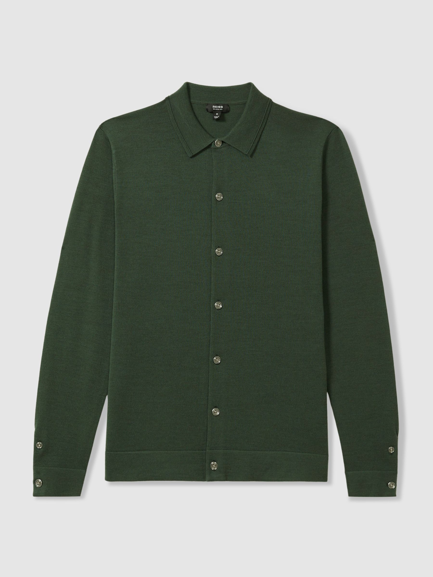 Merino Wool Button-Through Cardigan in Dark Kale Green