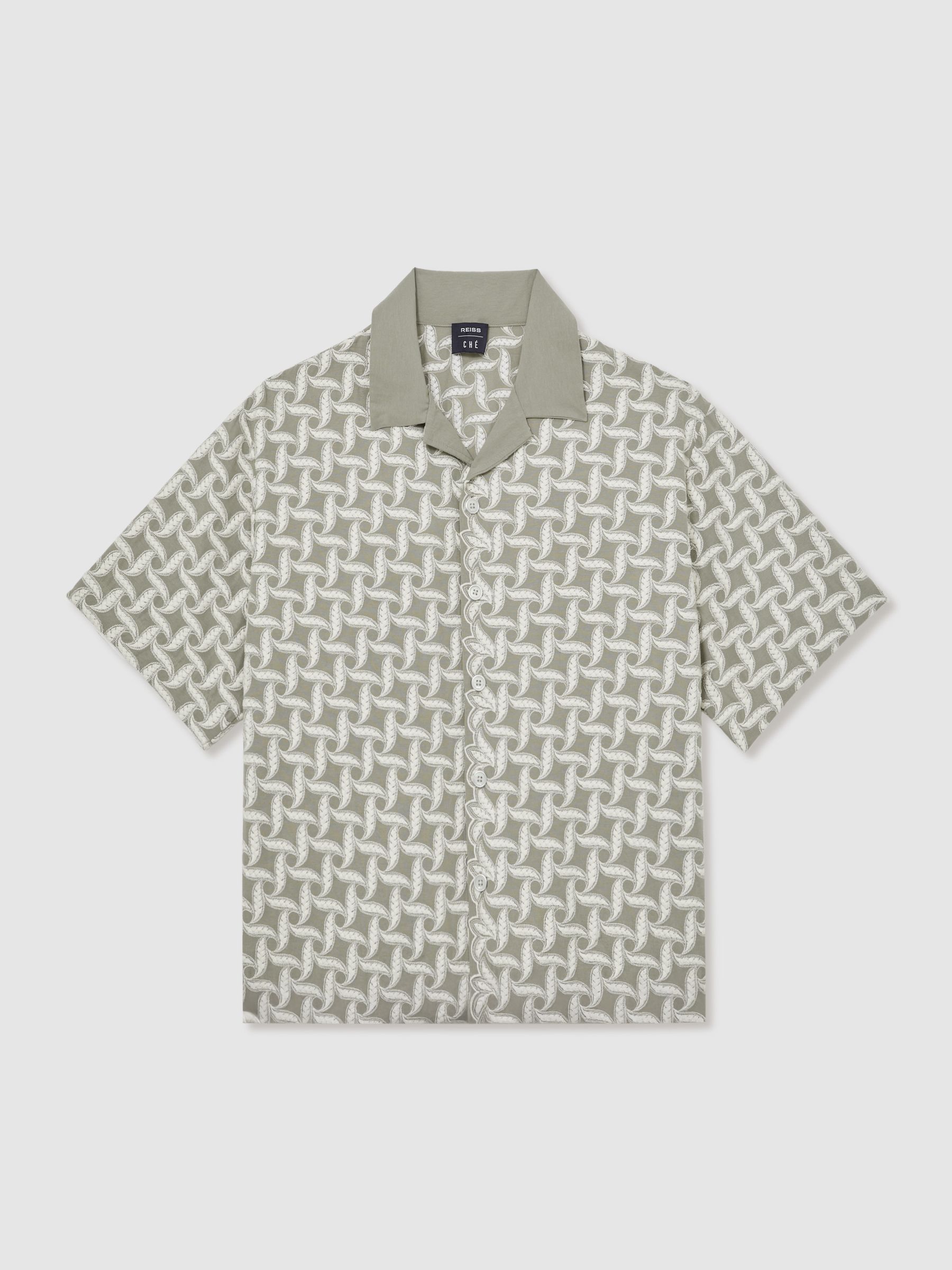 Reiss | Ché Motif-Embroidered Shirt in Sage/White