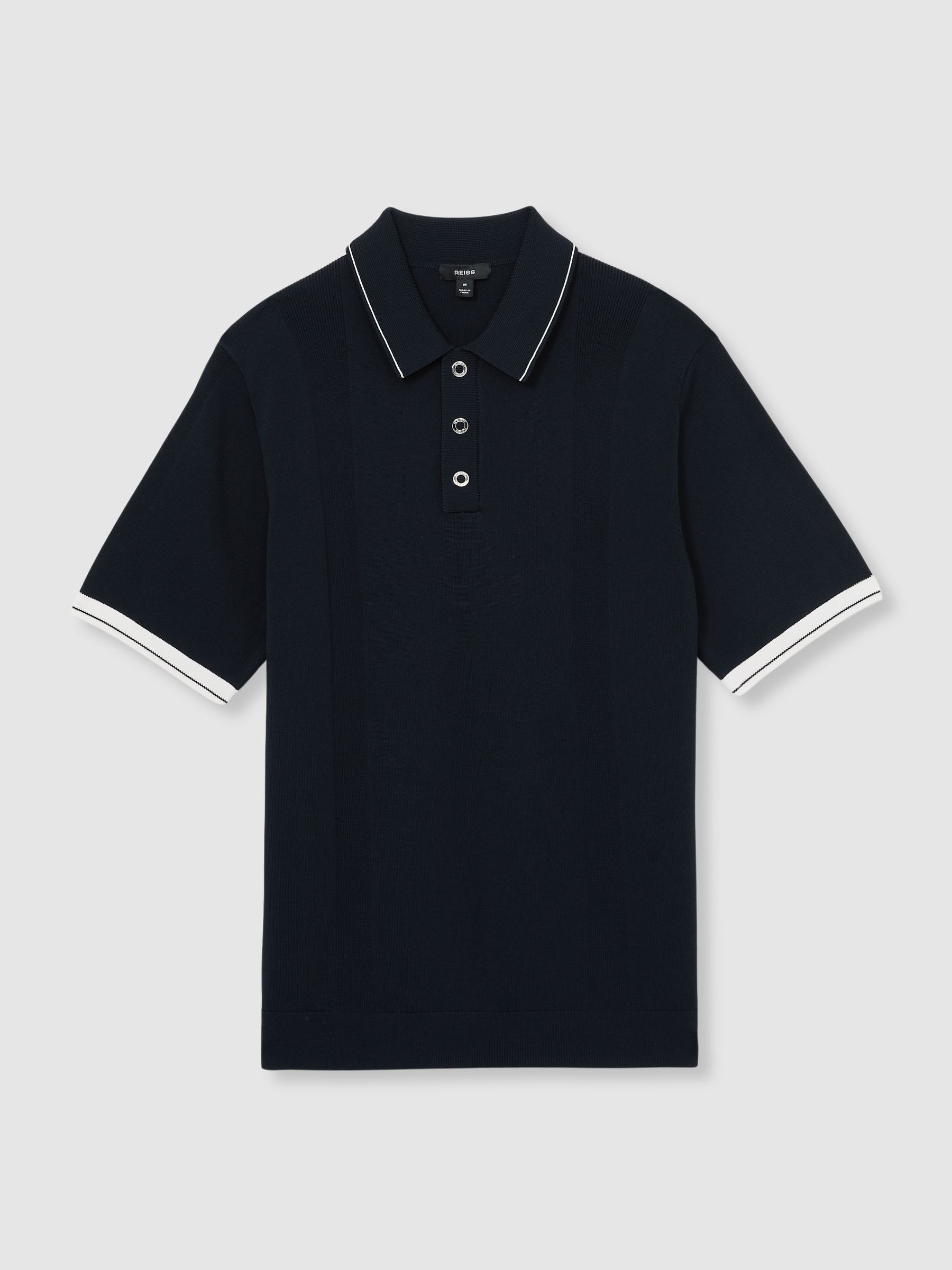 Tipped Knit Polo Shirt in White/Navy
