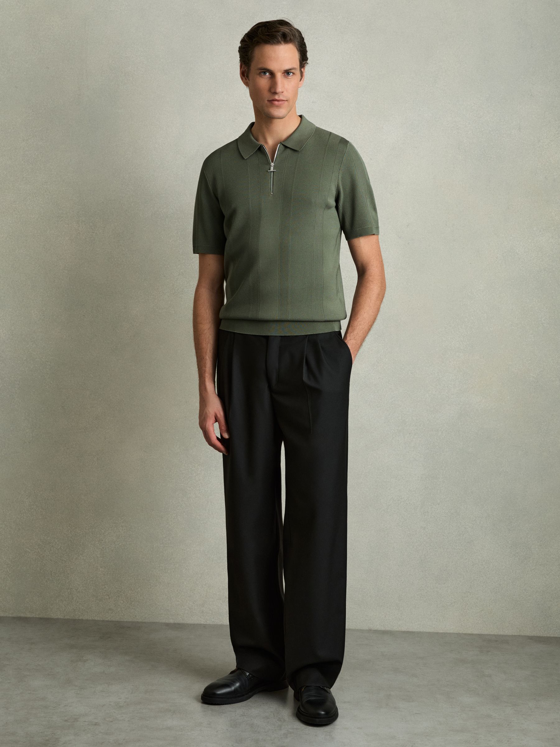 Half-Zip Textured-Knit Polo Shirt in Herb Green