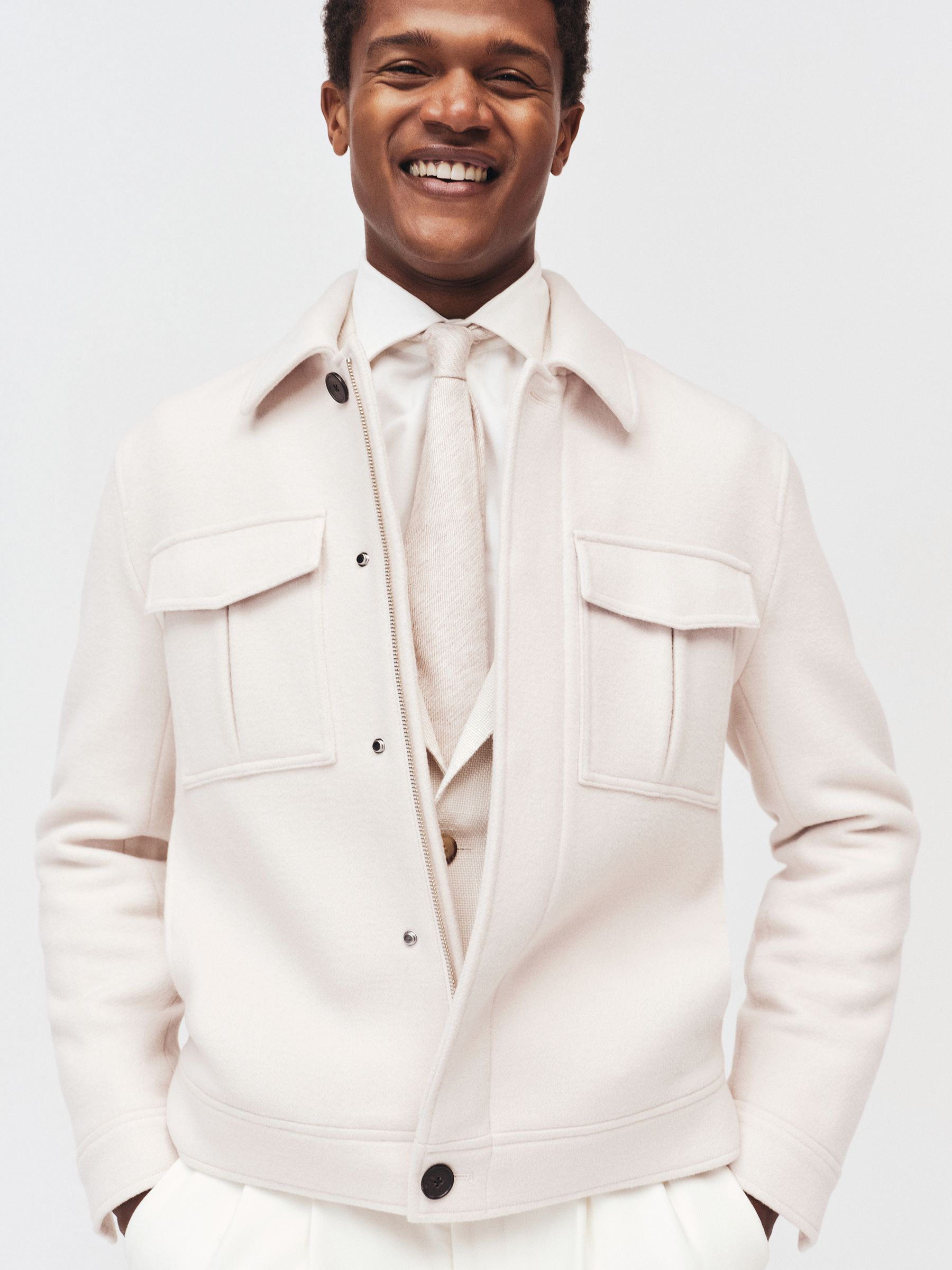 Wool Blend Twin Pocket Zipped Jacket in Ivory