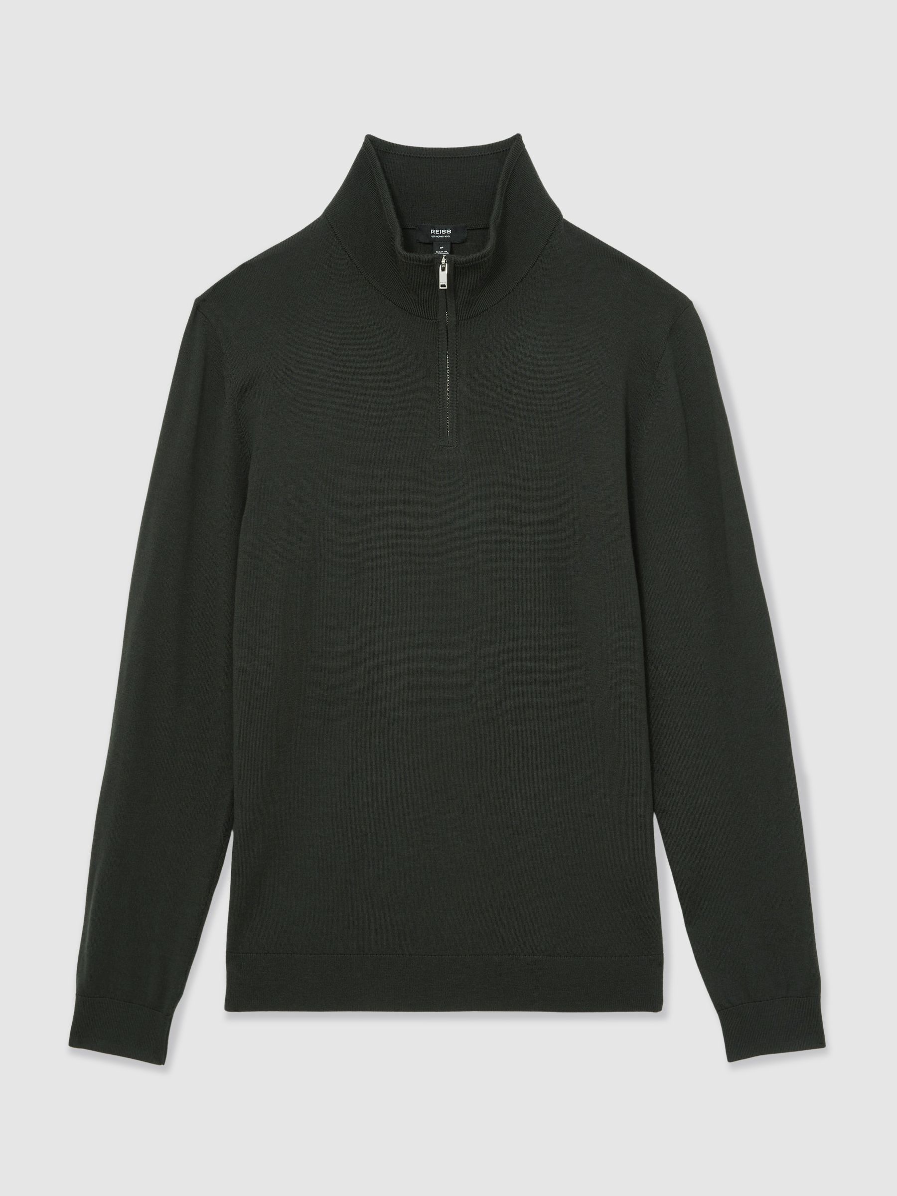 Merino Wool Half-Zip Funnel Neck Jumper in Dark Military Green