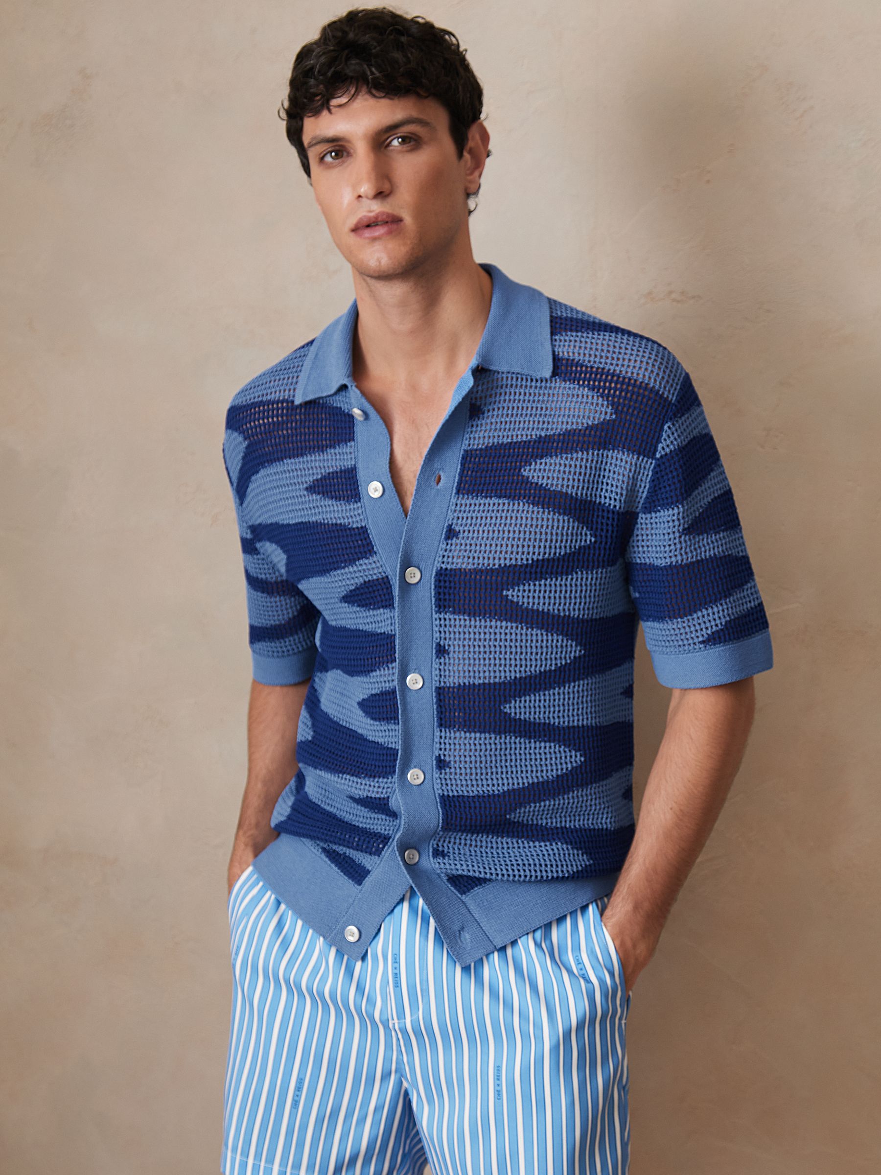 Reiss | Ché Wave Crochet Shirt in Blue