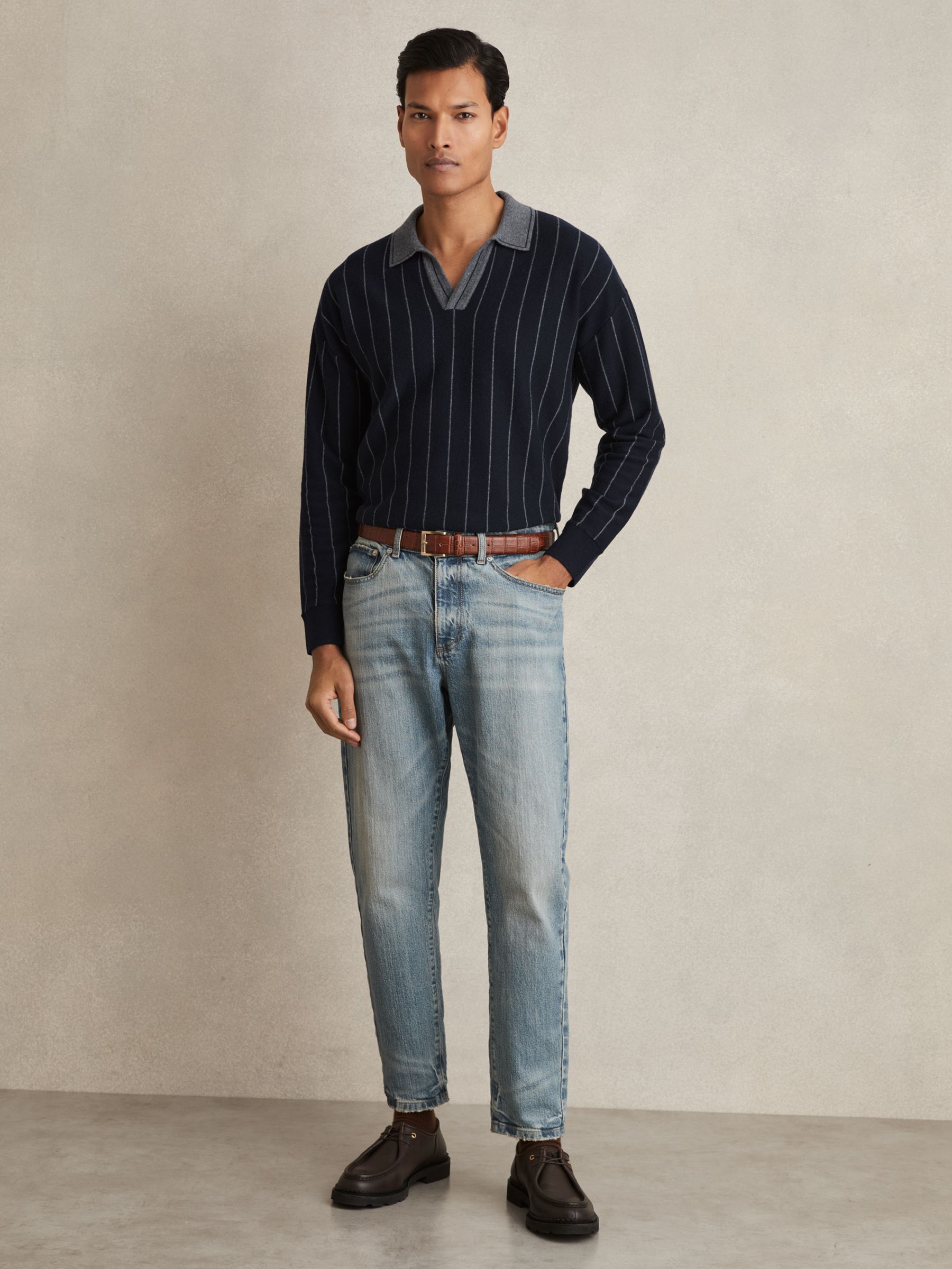 Wool Open-Collar Stripe Polo Shirt in Navy