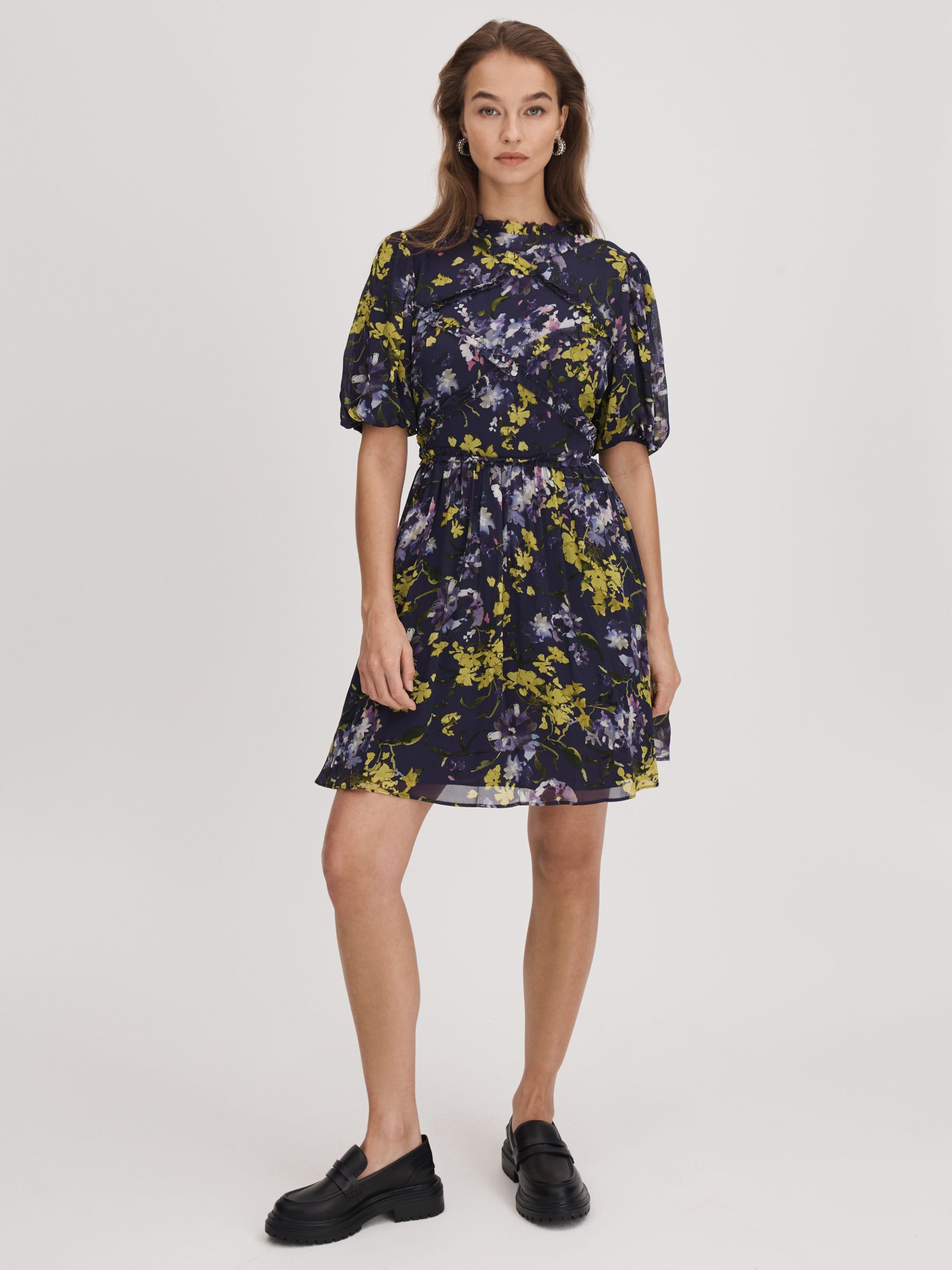 Florere Printed Puff Sleeve Mini Dress in Dark Purple