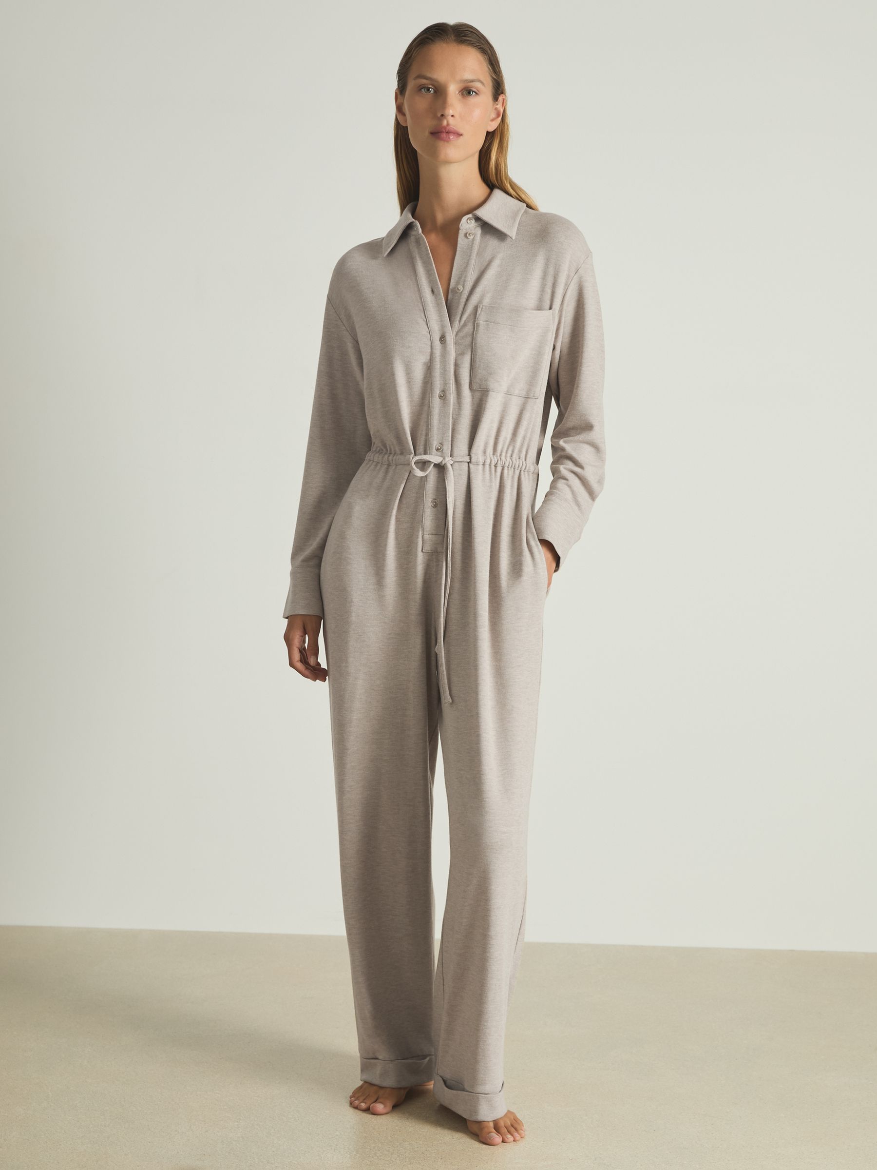 Thermal Jersey Drawstring Jumpsuit in Fawn