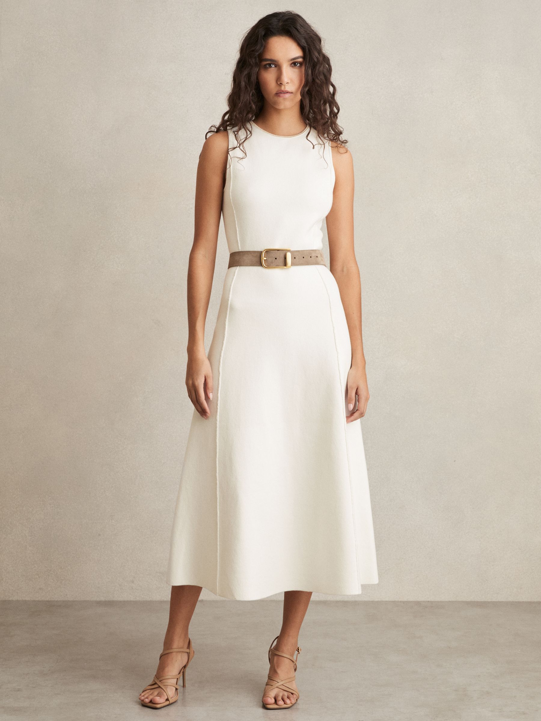 Petite Seam Detail Knitted Midi Dress in Ivory