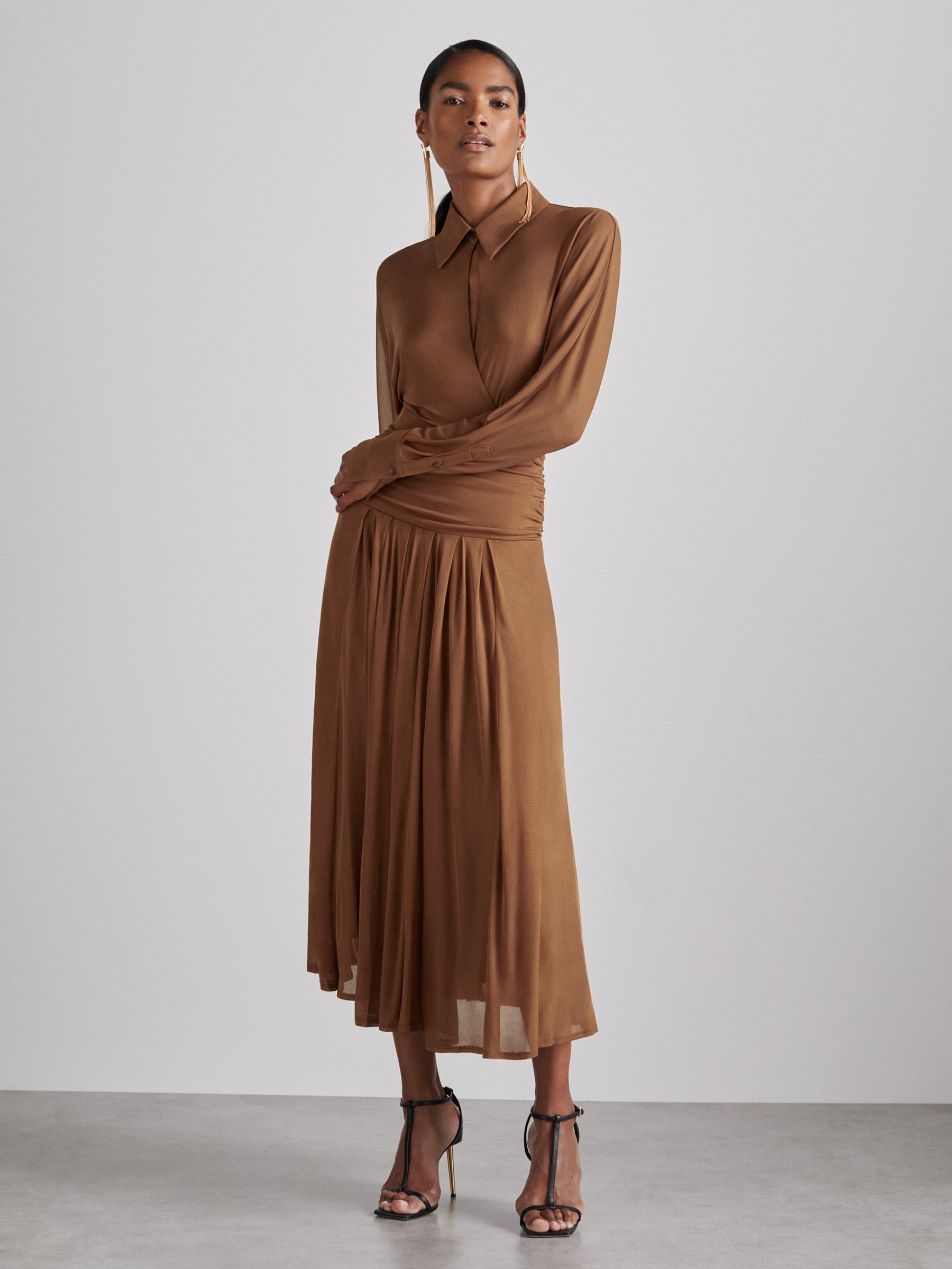 Atelier Gathered-Georgette Maxi Dress in Tan