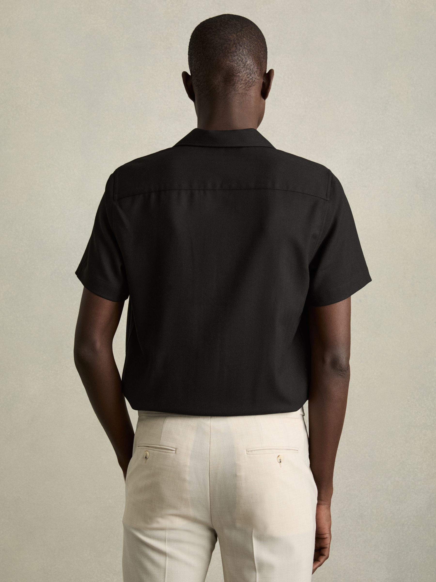 Herringbone Twill Cuban Collar Short Sleeve Shirt in Black