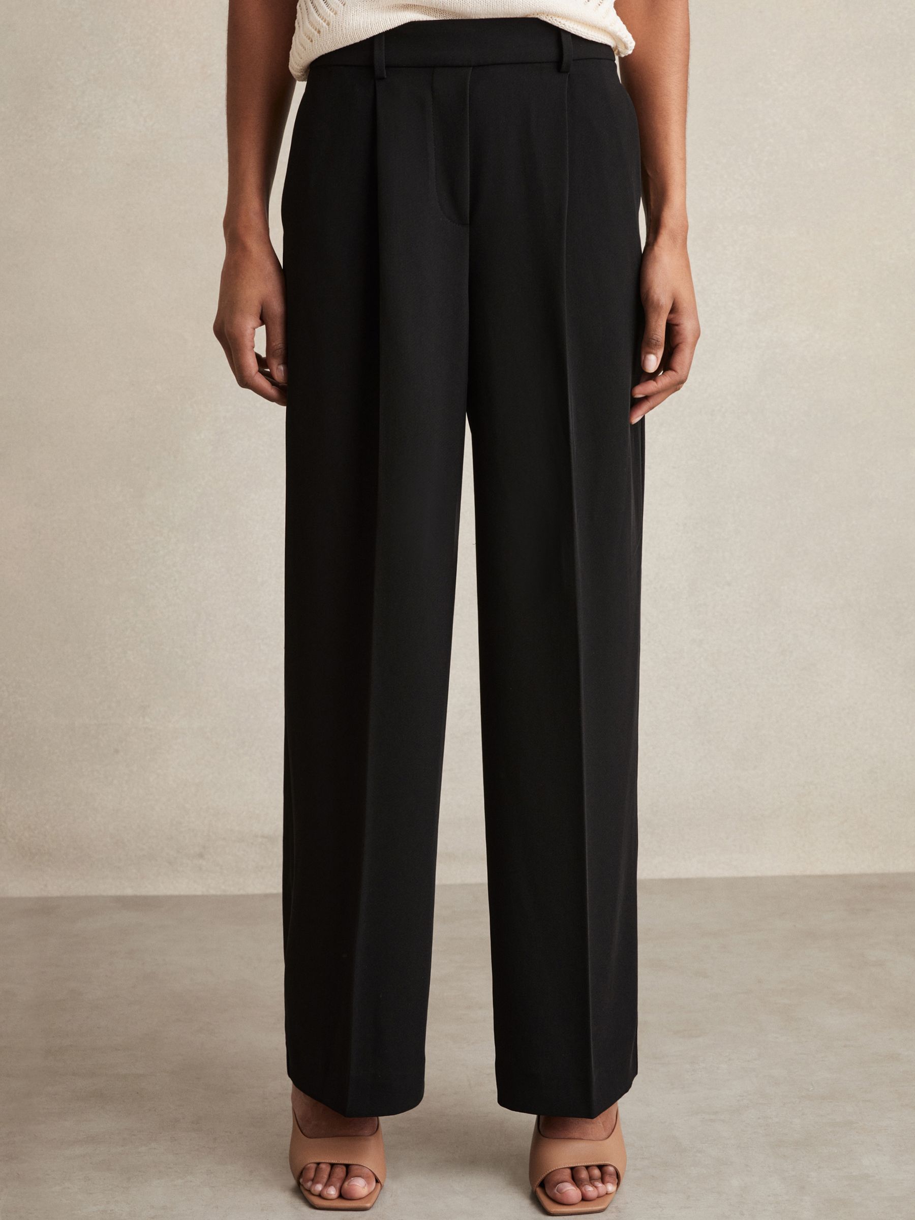 Petite Elasticated-Waist Wide-Leg Twill Trousers in Black
