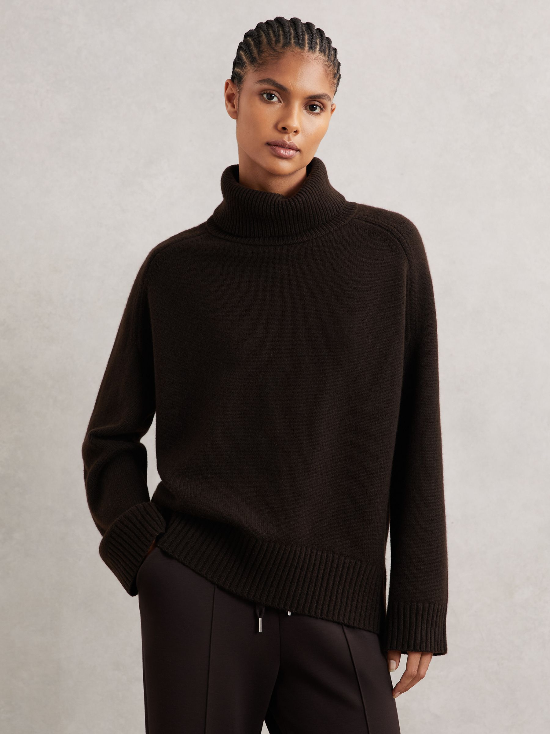 Wool-Cashmere Roll-Neck Jumper in Chocolate Brown