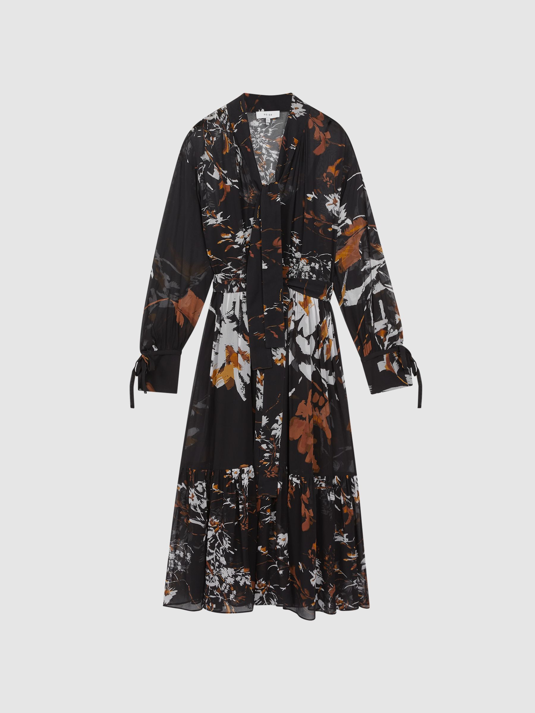 Floral Neck Tie Midi Dress in Black/Brown