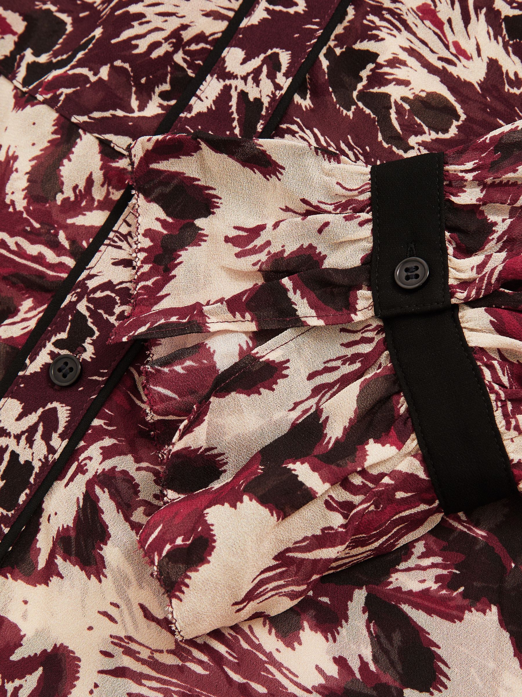 Abstract-Print Ruffle-Neck Shirt in Burgundy/Cream