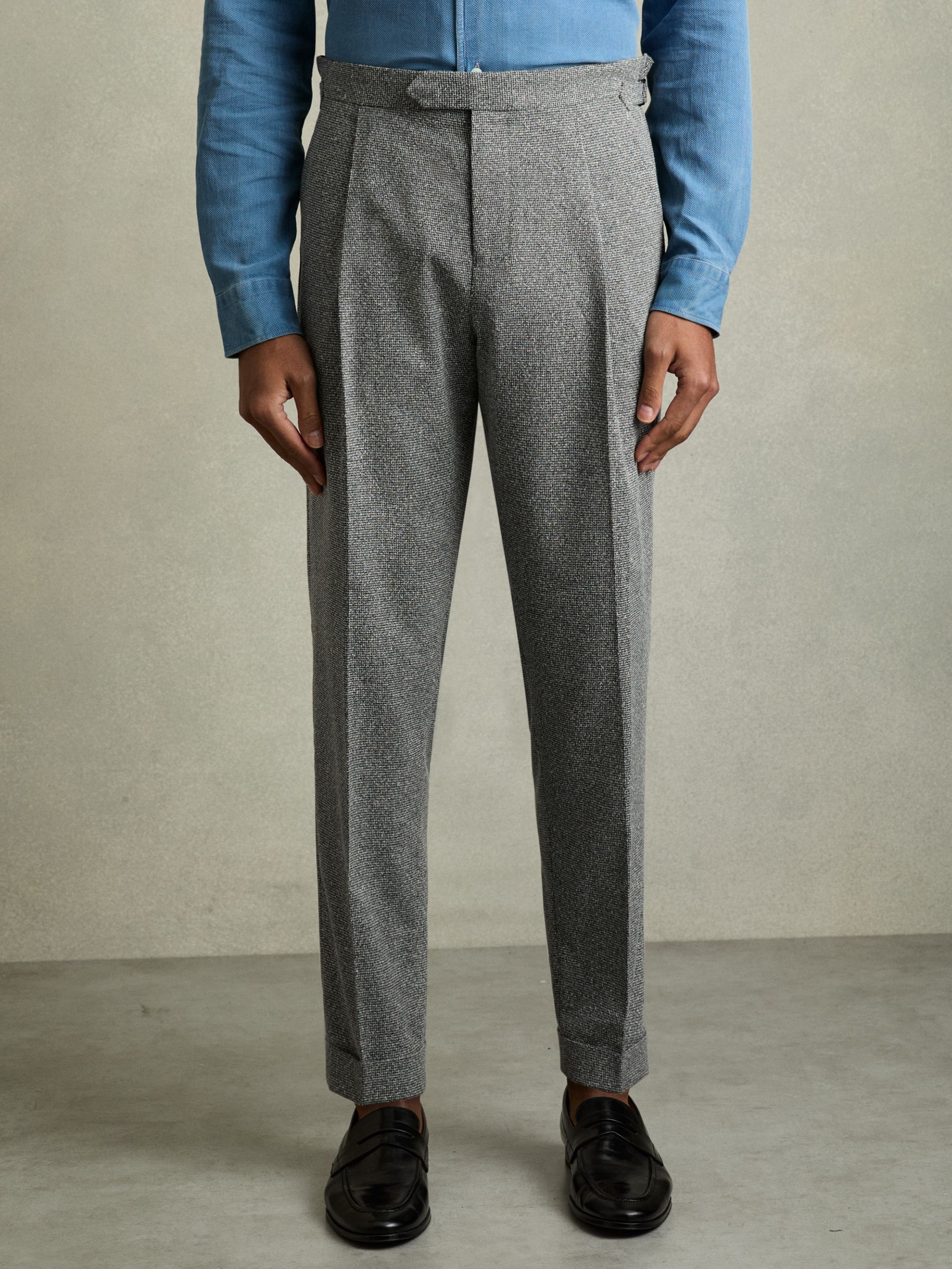 Puppytooth-Check Tailored Trousers in Soft Grey