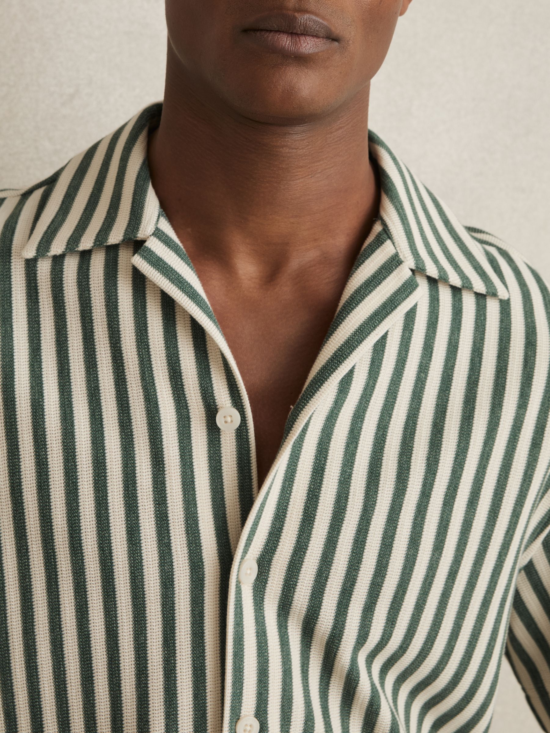 Textured Stripe Cuban-Collar Shirt in Green/White