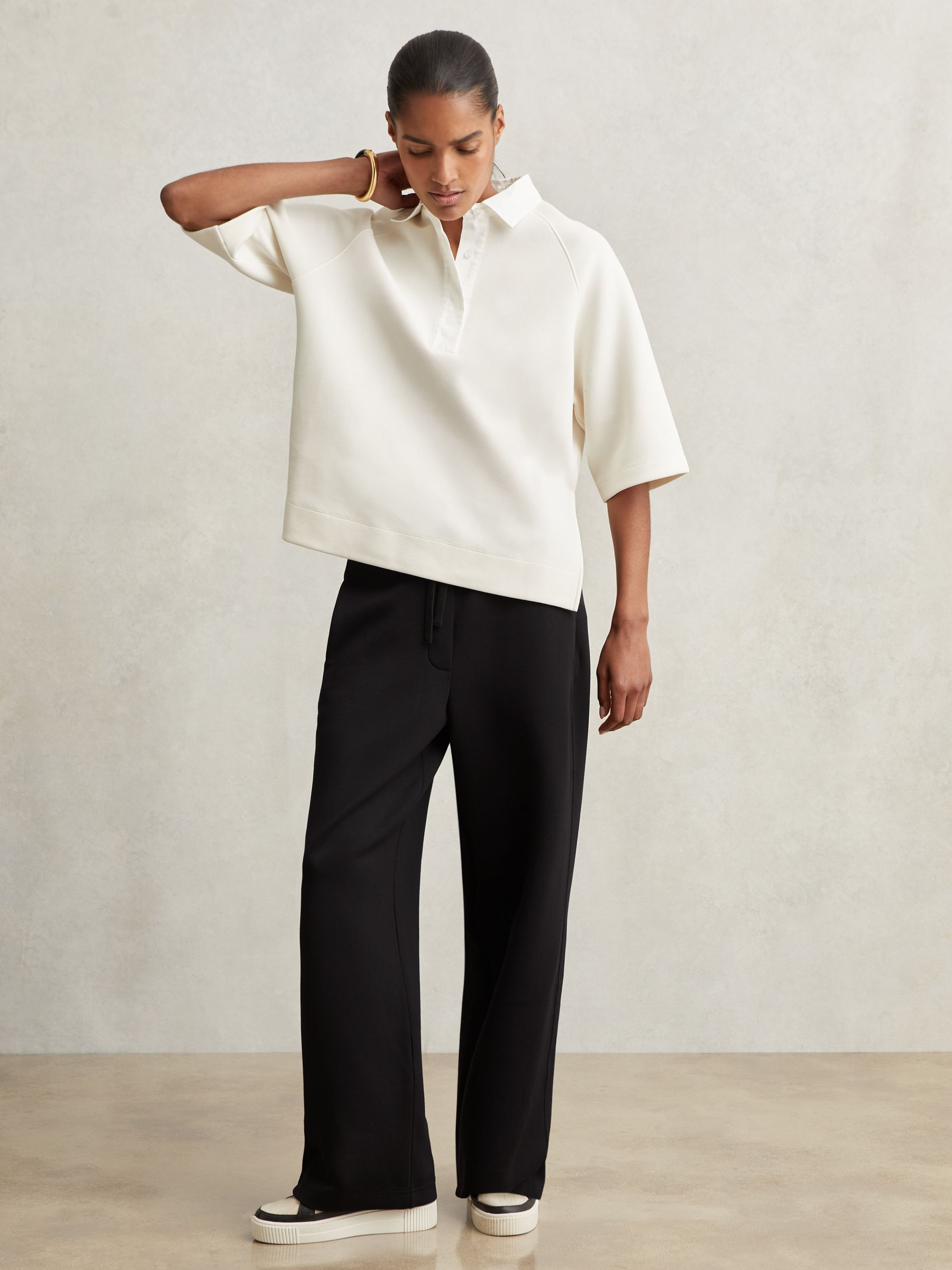 Wide-Leg Interlock Drawstring Joggers in Black