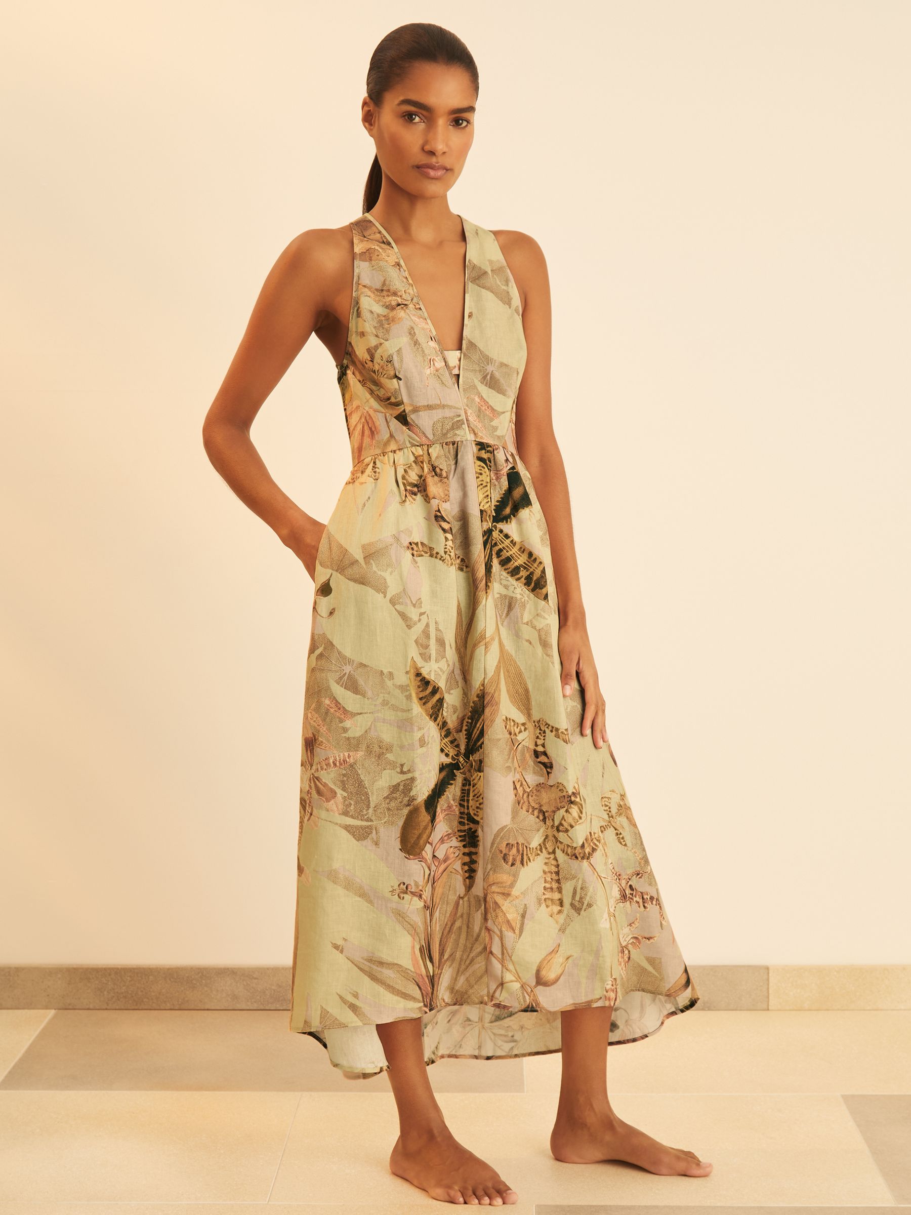 Reiss | NYBG Linen Floral Midi Dress in Neutral
