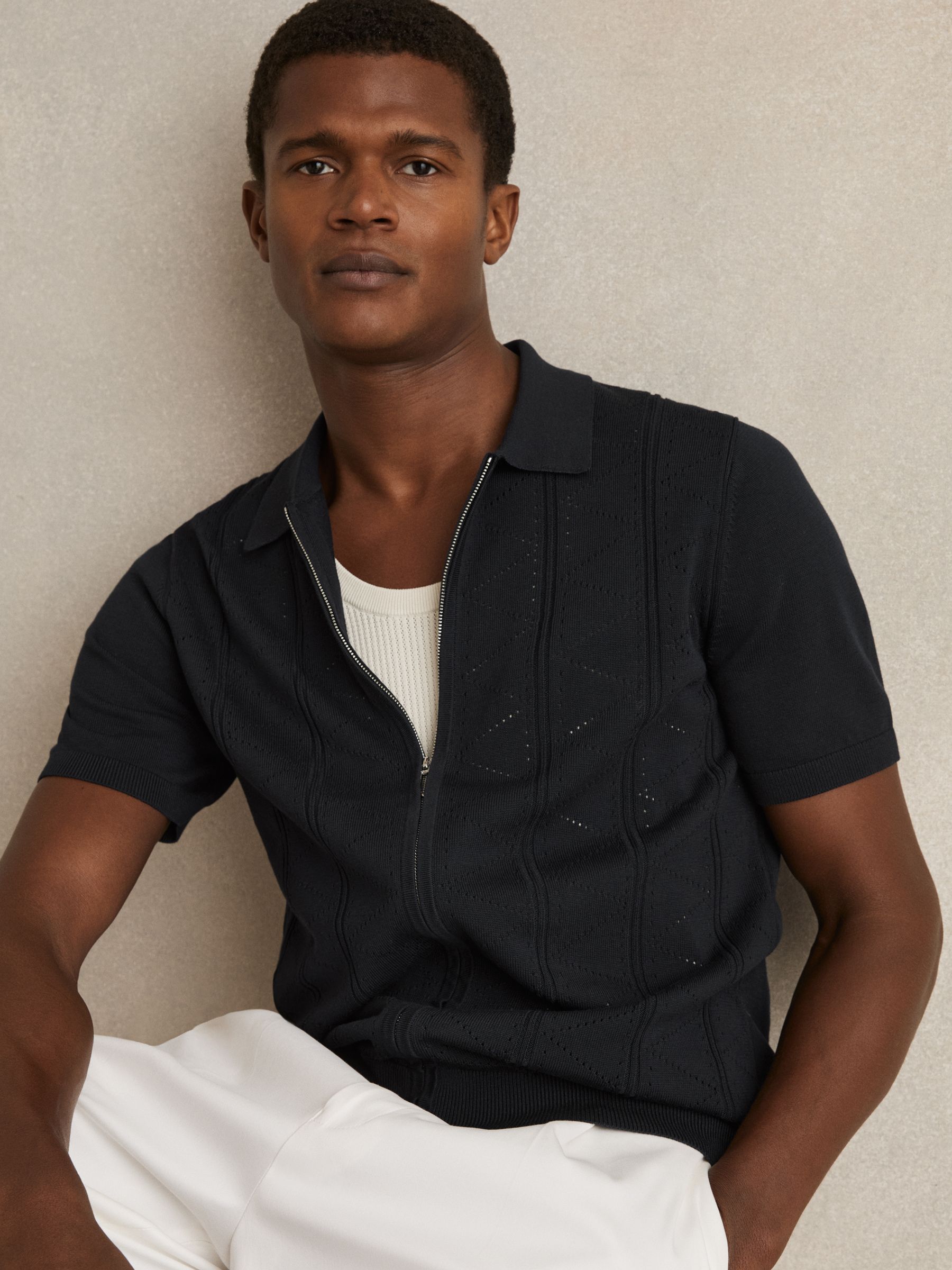 Pointelle-Knit Zip-Through Shirt in Navy