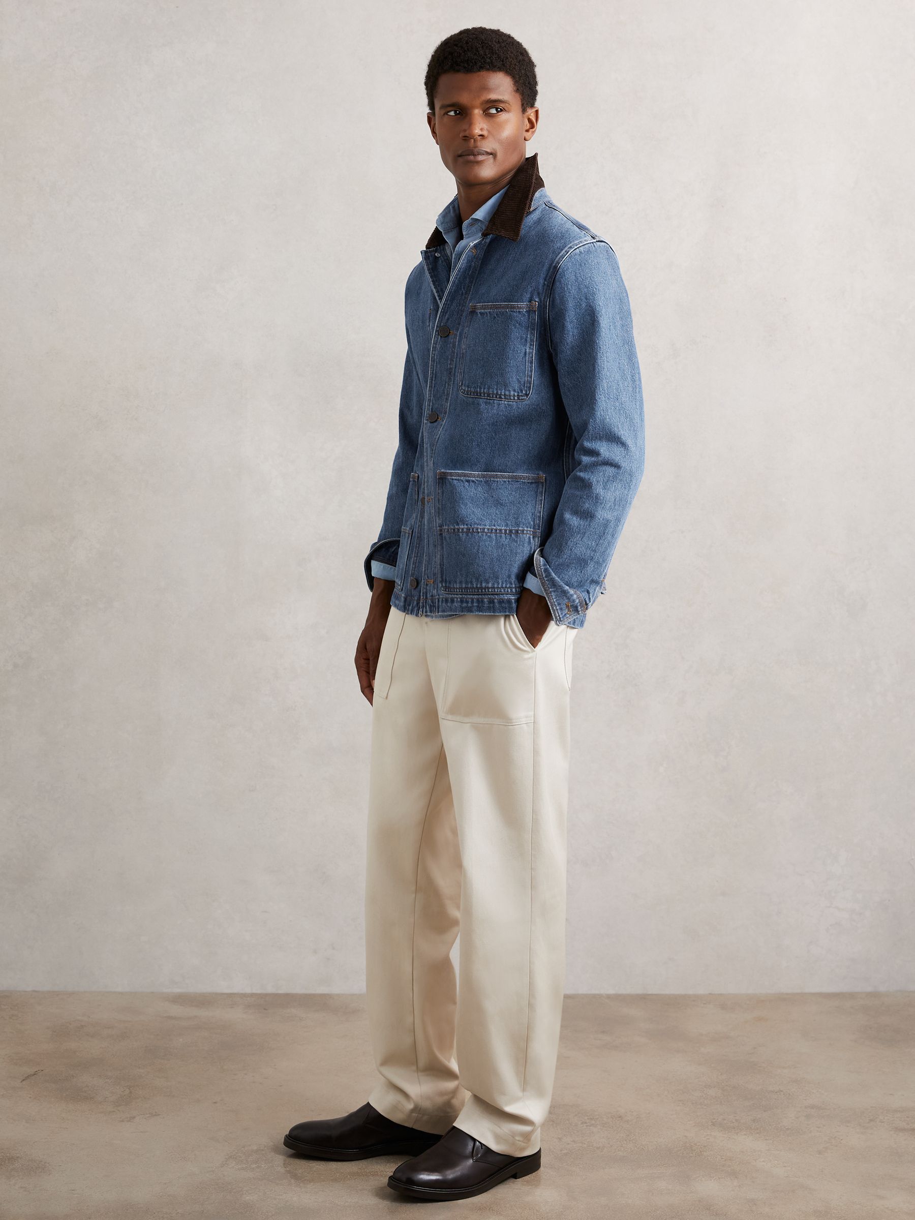 Corduroy Collar Denim Worker Jacket in Denim Blue