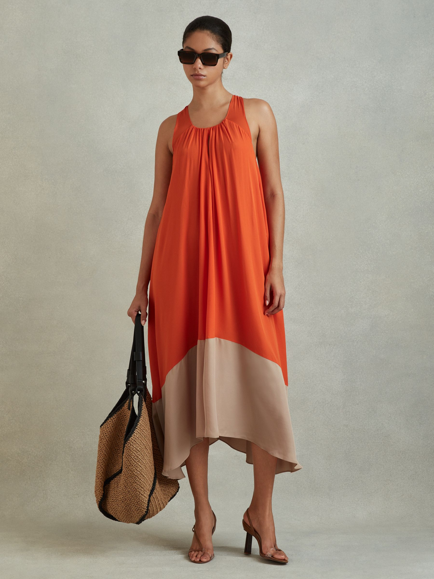 Ruched Dipped Hem Midi Dress in Orange