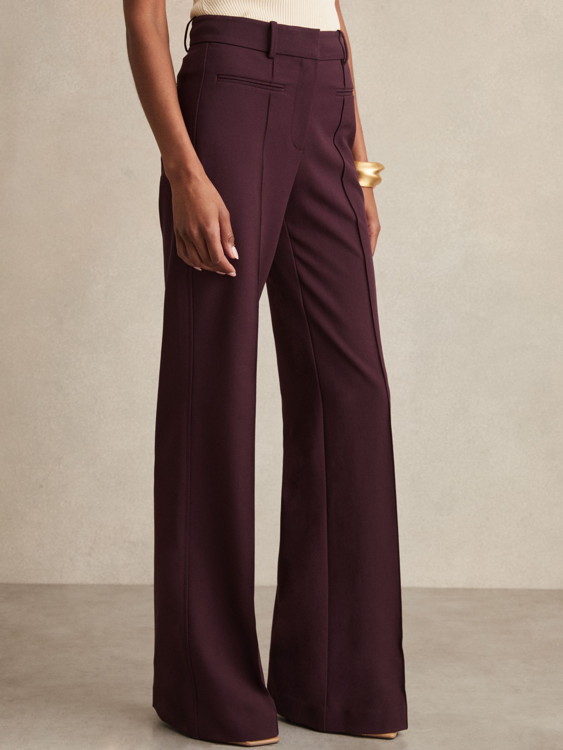 Petite High Rise Flared Trousers in Burgundy
