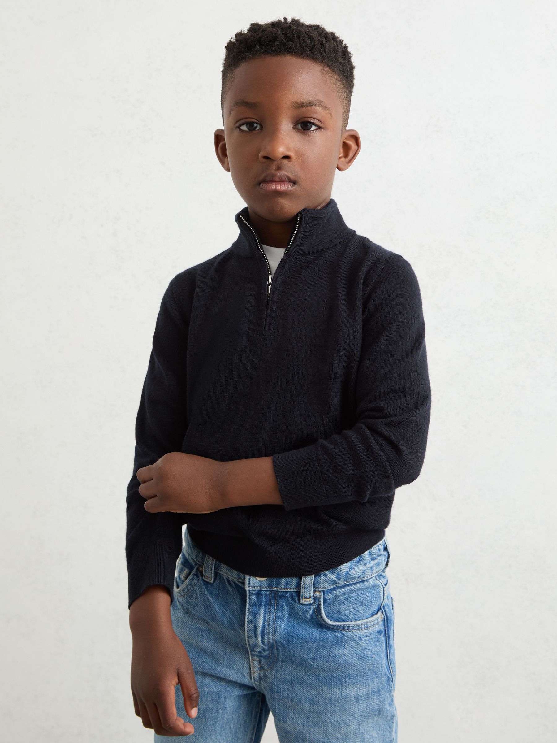 9-13 yrs Merino Wool Half-Zip Funnel Neck Jumper in Navy