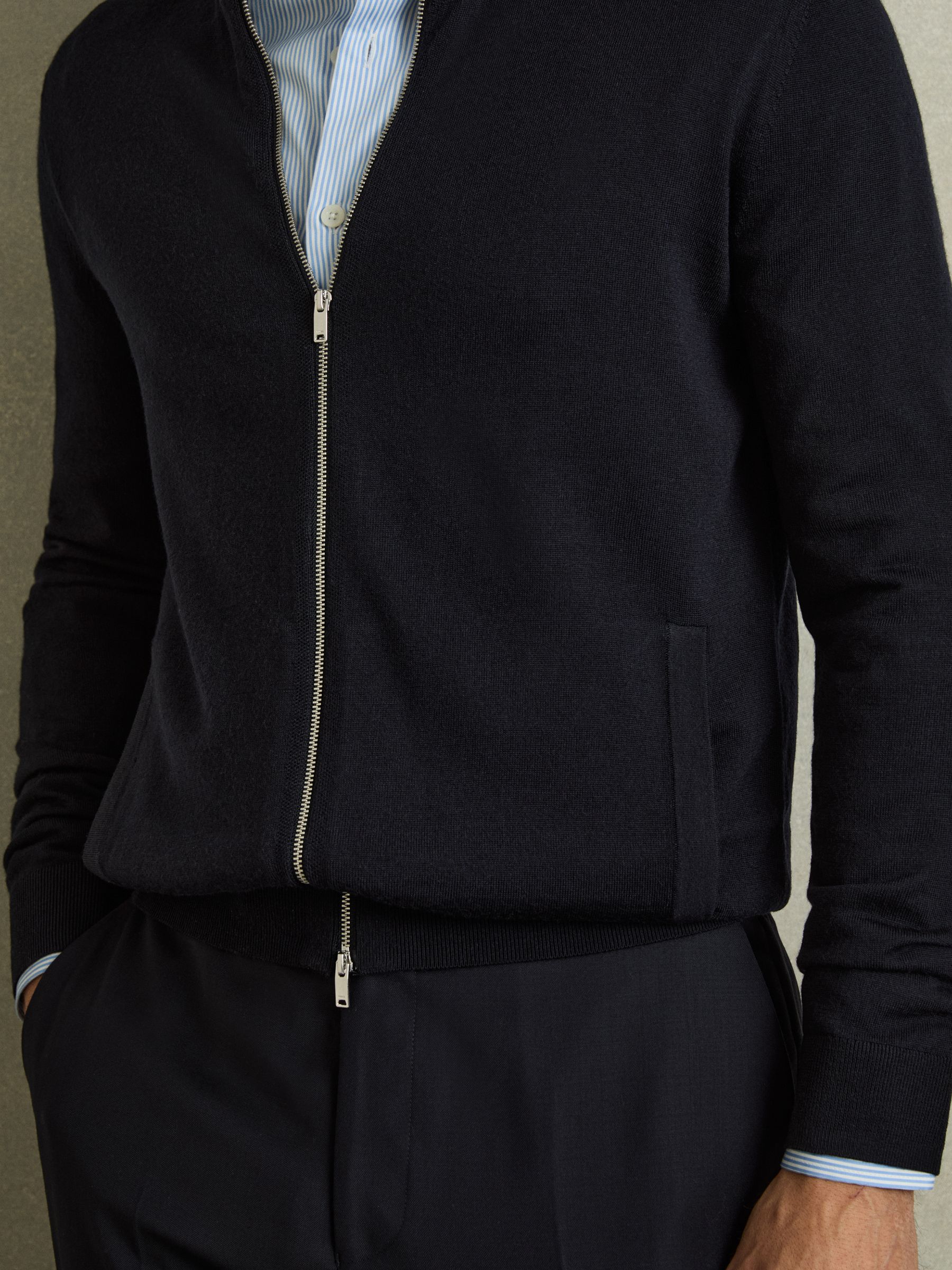 Merino Wool Zip-Through Cardigan in Navy