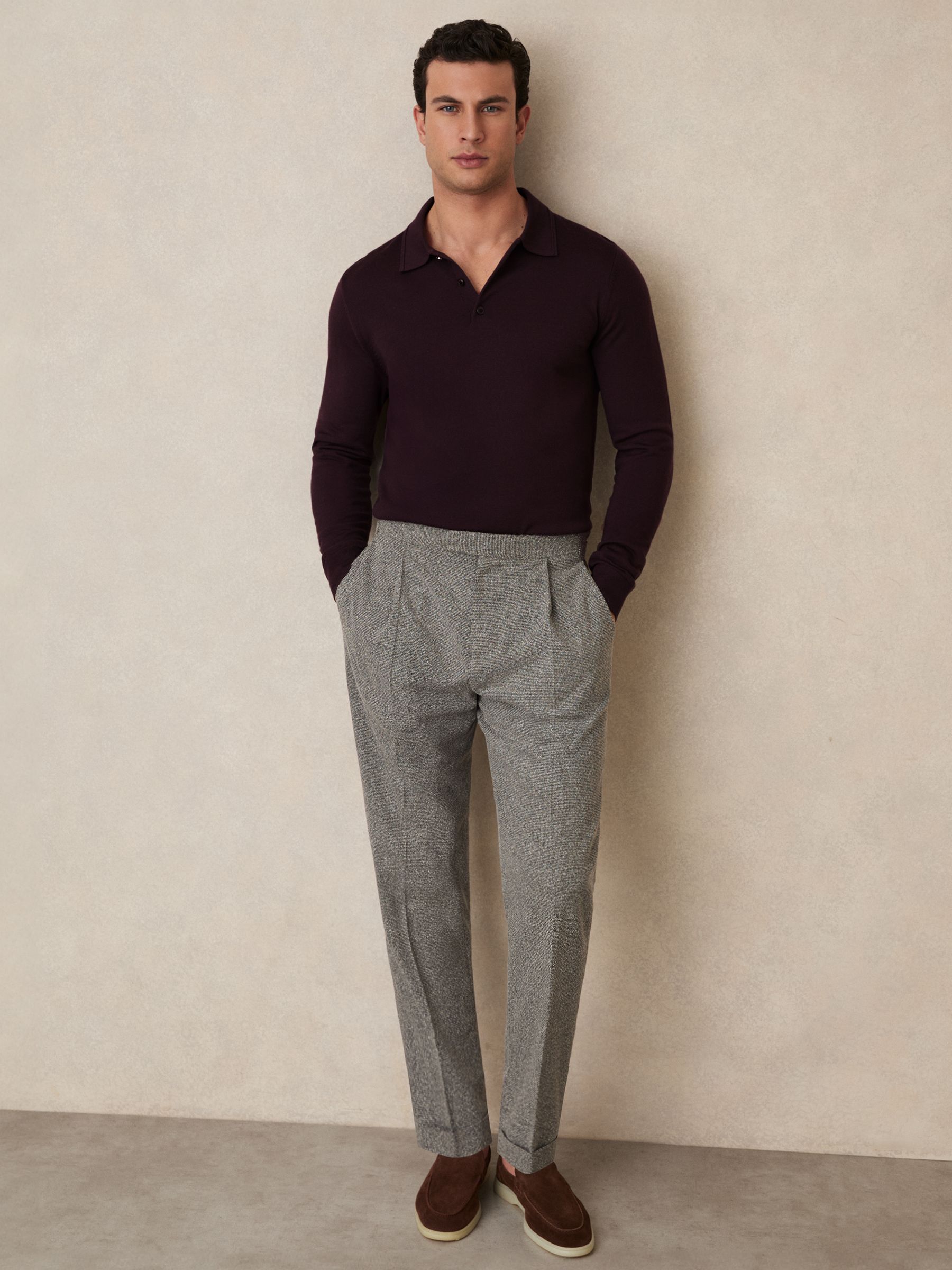 Merino Wool Long-Sleeve Polo Shirt in Dark Bordeaux